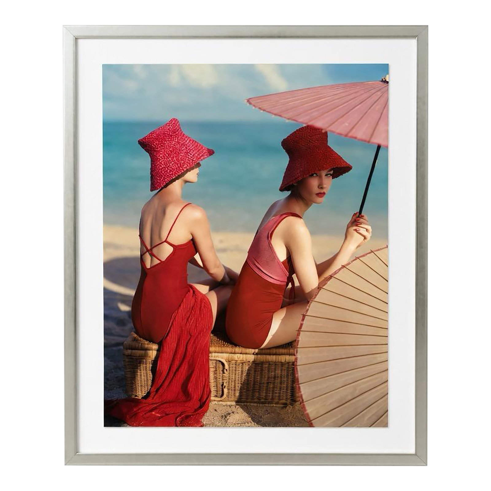 Vogue Magazine Cover Print - Louise Dahl-Wolfe 1959 | Large Soicher Marin Framed Art: Stunning mid-century fashion photography reproduction from the January 15, 1959 issue of Vogue magazine by legendary photographer Louise Dahl-Wolfe. This elegant beach scene features two models in vib