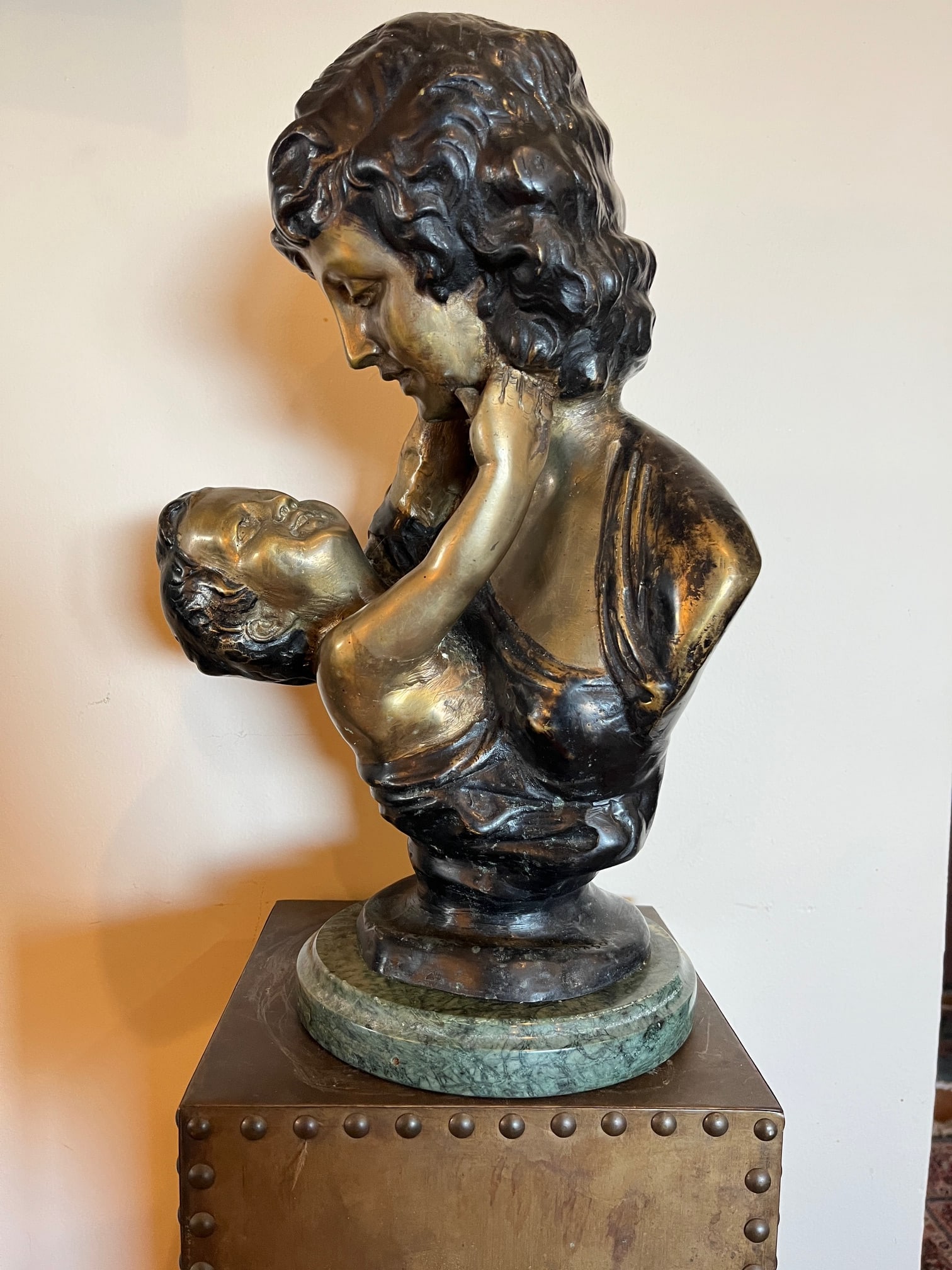 Early 20th Century Large 18" Patinated Metal Bust After Luca Madrassi - Heavy 27lb Sculpture on Gree - 11