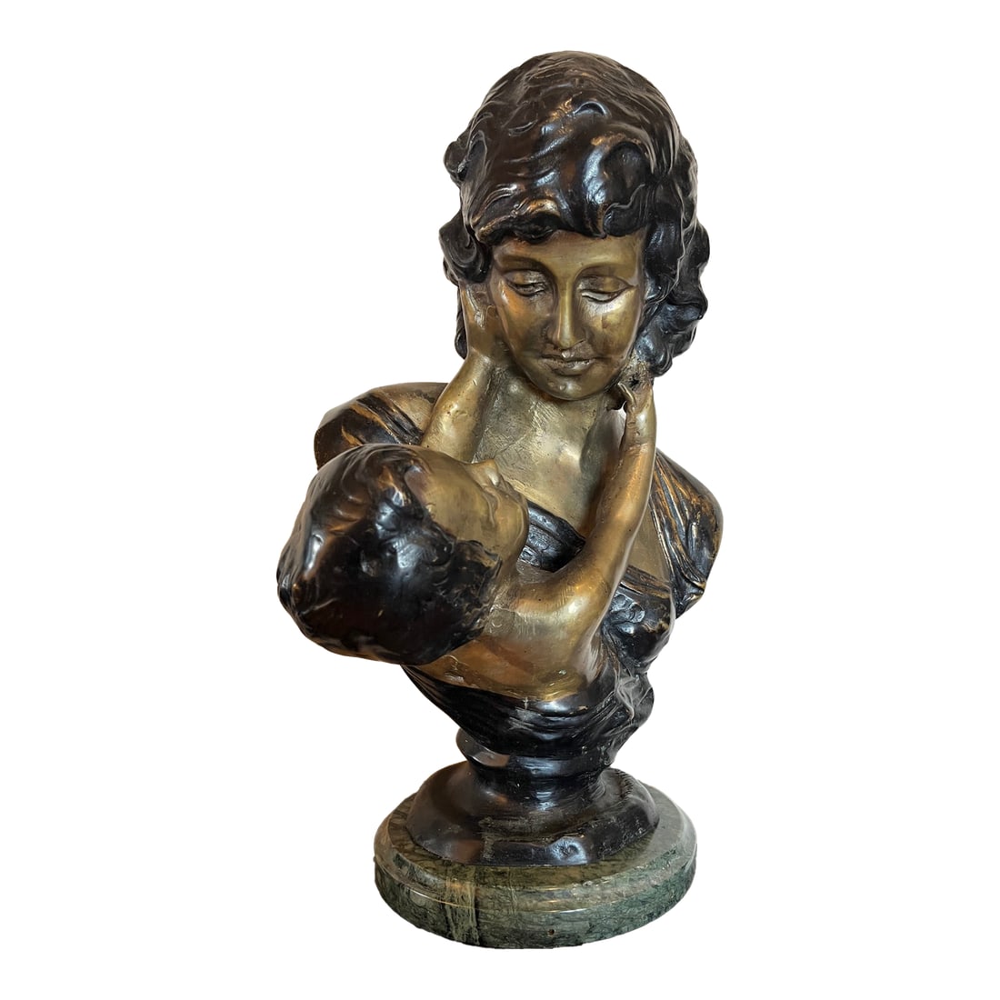 Early 20th Century Large 18" Patinated Metal Bust After Luca Madrassi - Heavy 27lb Sculpture on Gree: Capture the Elegance of 19th-Century Art Bring a sense of timeless sophistication to your home with this exquisite, large-scale bust depicting a tender Mother and Child. Modeled in the romantic style