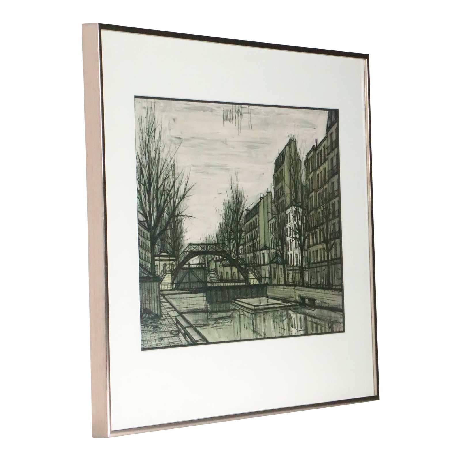 Mid 20th Century Bernard Buffet Canal Saint Martin Framed Print: Iconic mid century Parisian cityscape Canal Saint Martin by Bernard Buffet. This example is in excellent, original, cleaned ready top install condition, free of damage or repairs, it has been
