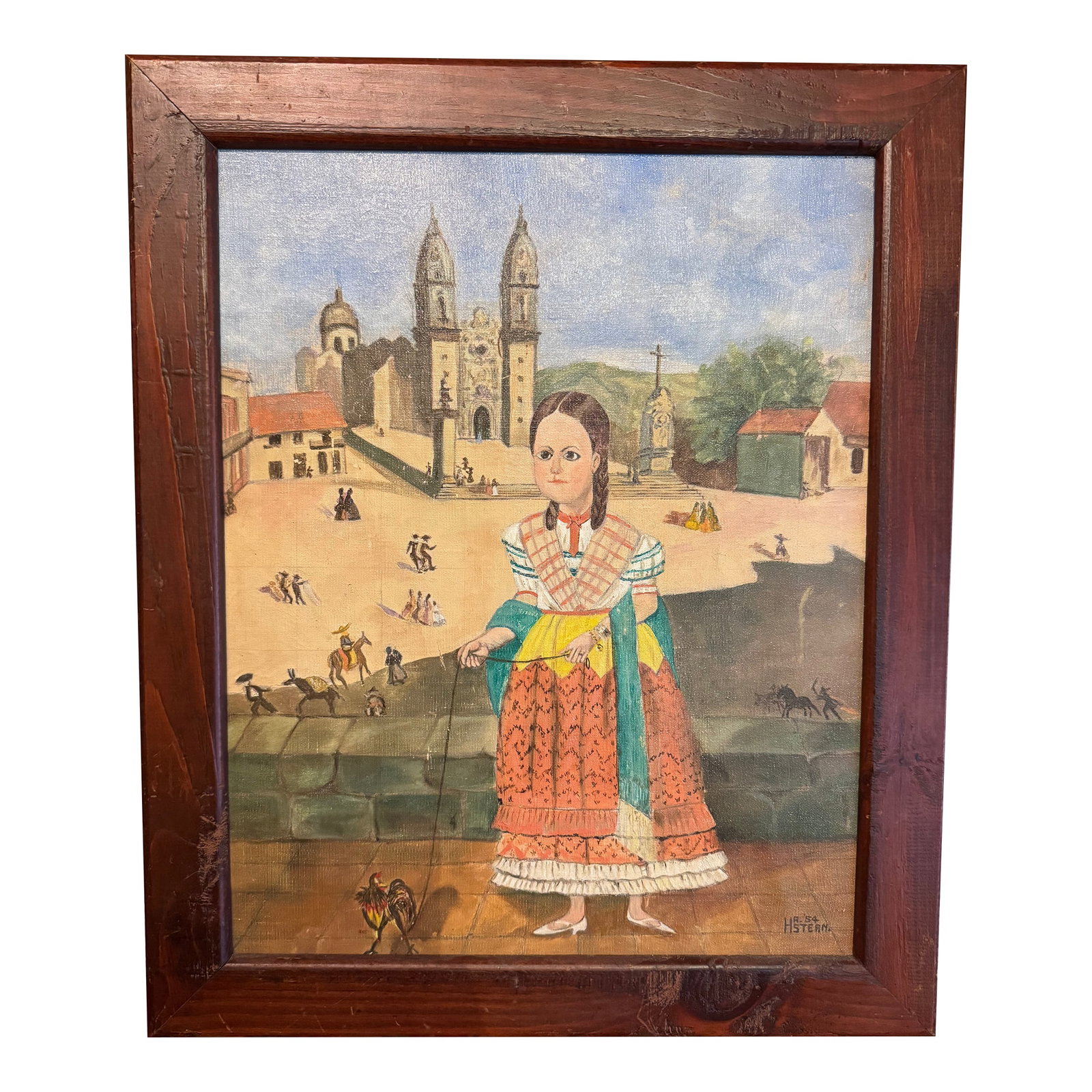 Vintage Mid 20th Century Mexican School Portrait Painting- Girl With Rooster- Signed H.R.Stern: Vintage 1954 Mexican School portrait painting on board of a girl in her traditional clothes- perhaps her Sunday-best- jewelry on, hair braided and her pet rooster on his leash! I love the background