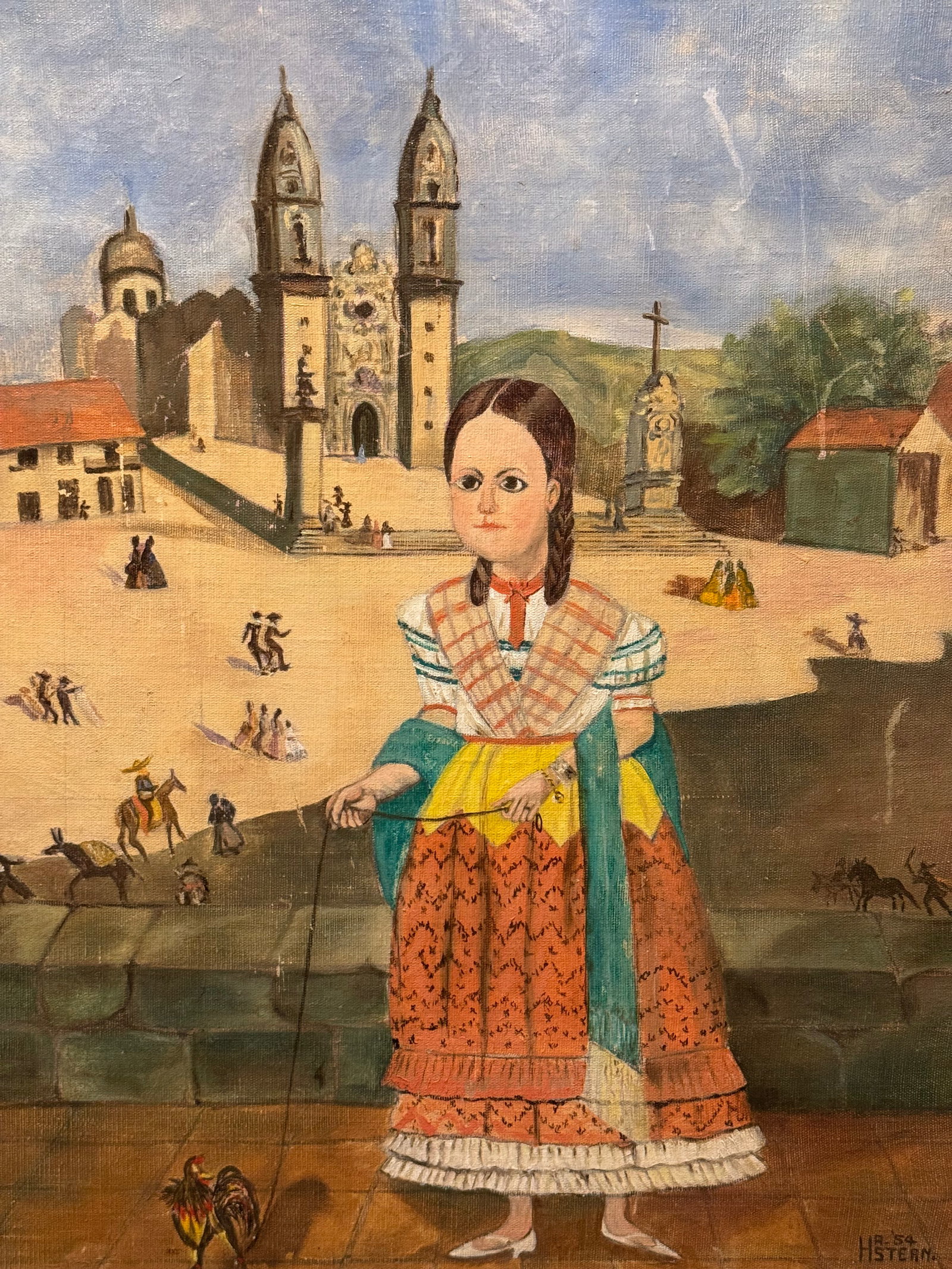 Vintage Mid 20th Century Mexican School Portrait Painting- Girl With Rooster- Signed H.R.Stern - 2