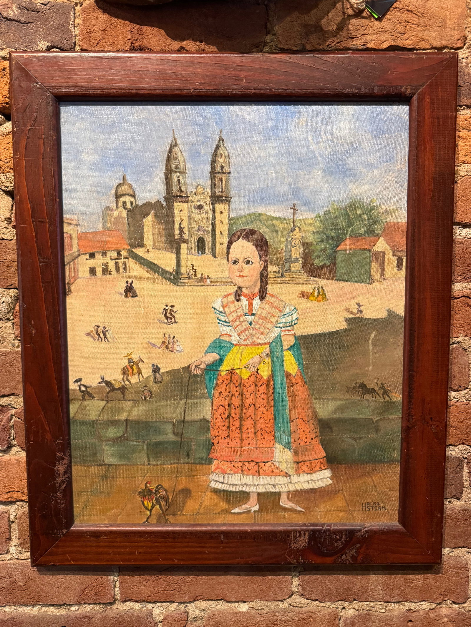 Vintage Mid 20th Century Mexican School Portrait Painting- Girl With Rooster- Signed H.R.Stern - 3