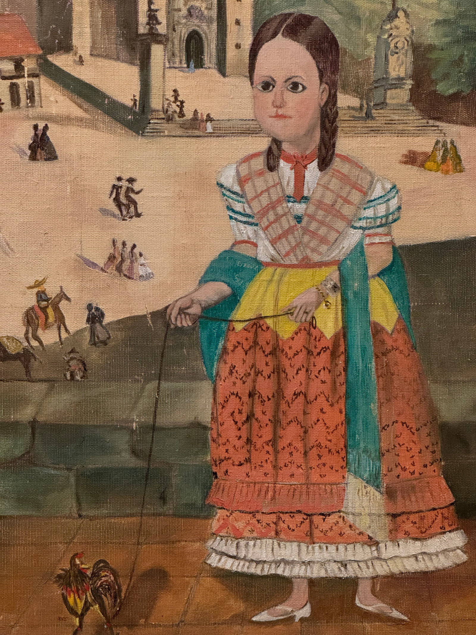 Vintage Mid 20th Century Mexican School Portrait Painting- Girl With Rooster- Signed H.R.Stern - 4