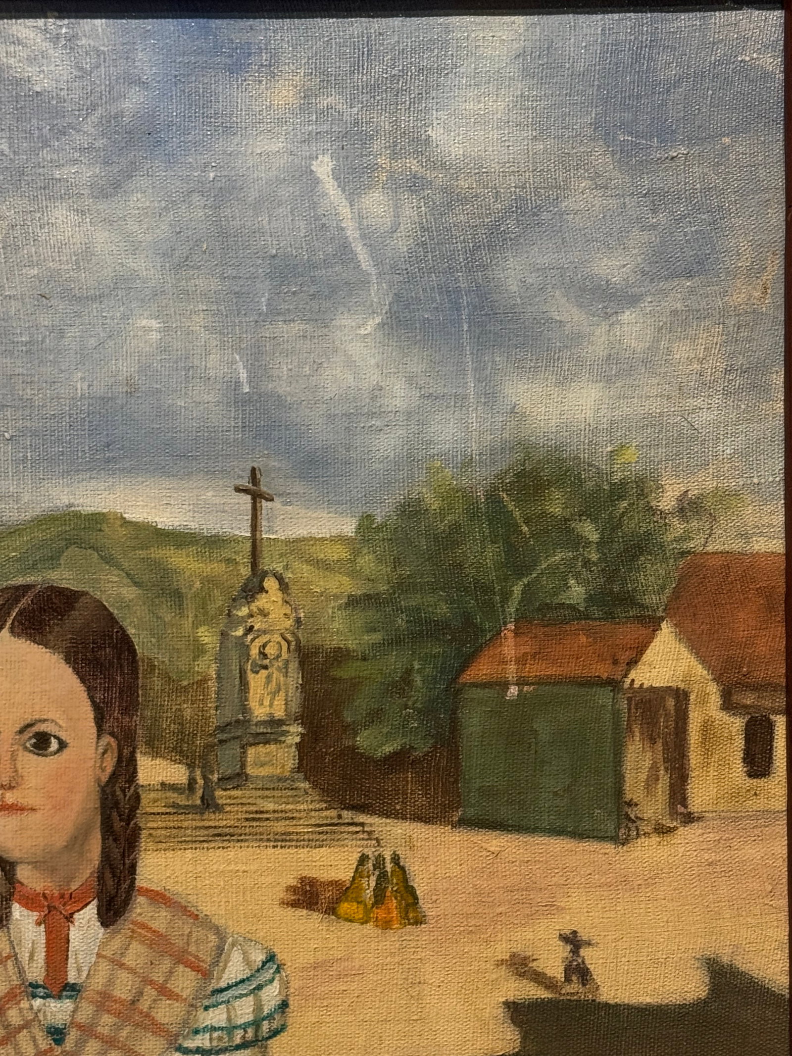 Vintage Mid 20th Century Mexican School Portrait Painting- Girl With Rooster- Signed H.R.Stern - 6