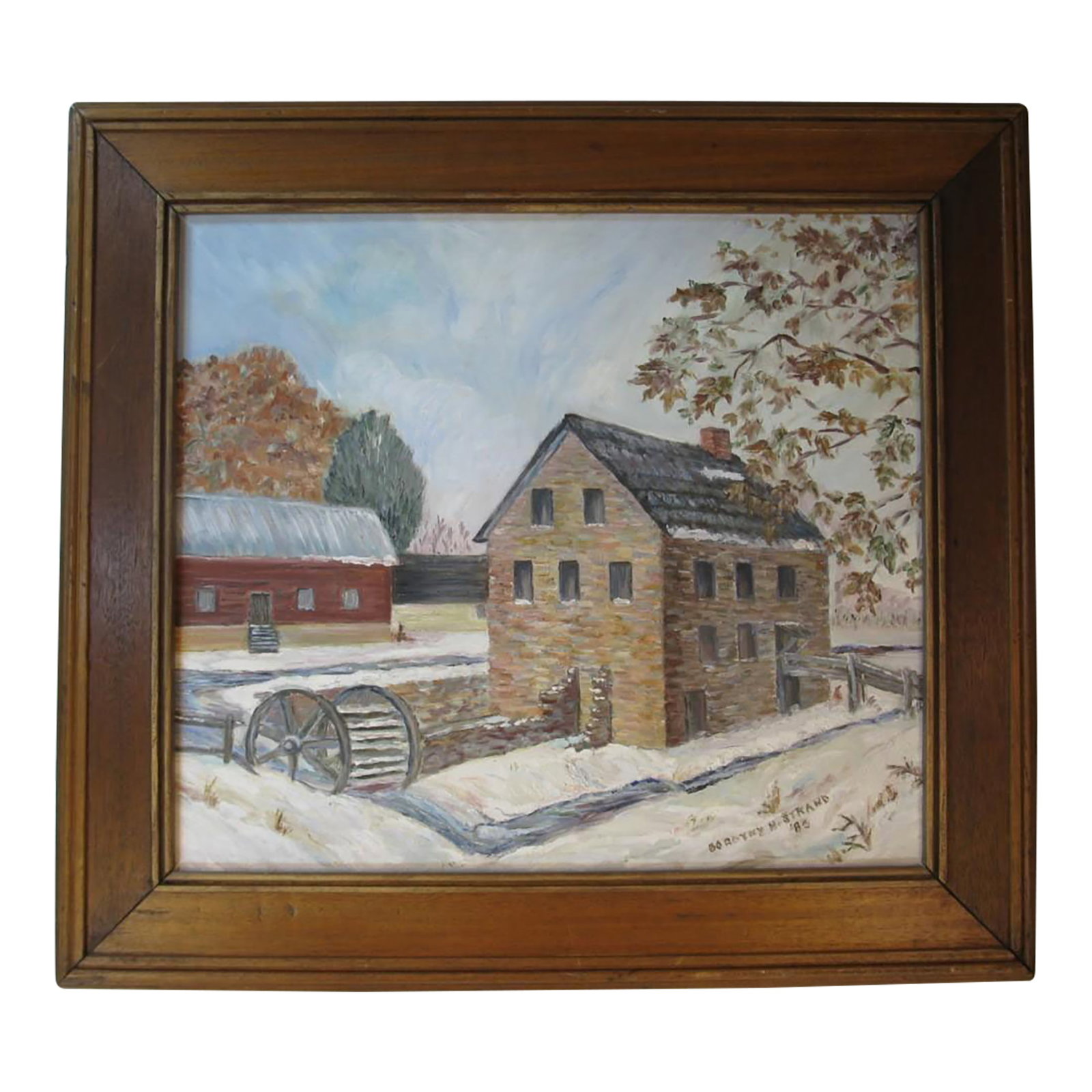 1980s Oil Painting Stone Mill Penypack Creek Homesburg Phila. Pa. Dorothy Strand, Framed: This oil painting depicts the Stone Mill Penypack Creek Homesburg Phila. Pa. Dorothy Strand. Sight window: 17.5/8" X 15.25". Framed in a medium size, making it a unique and charming addition to any ar