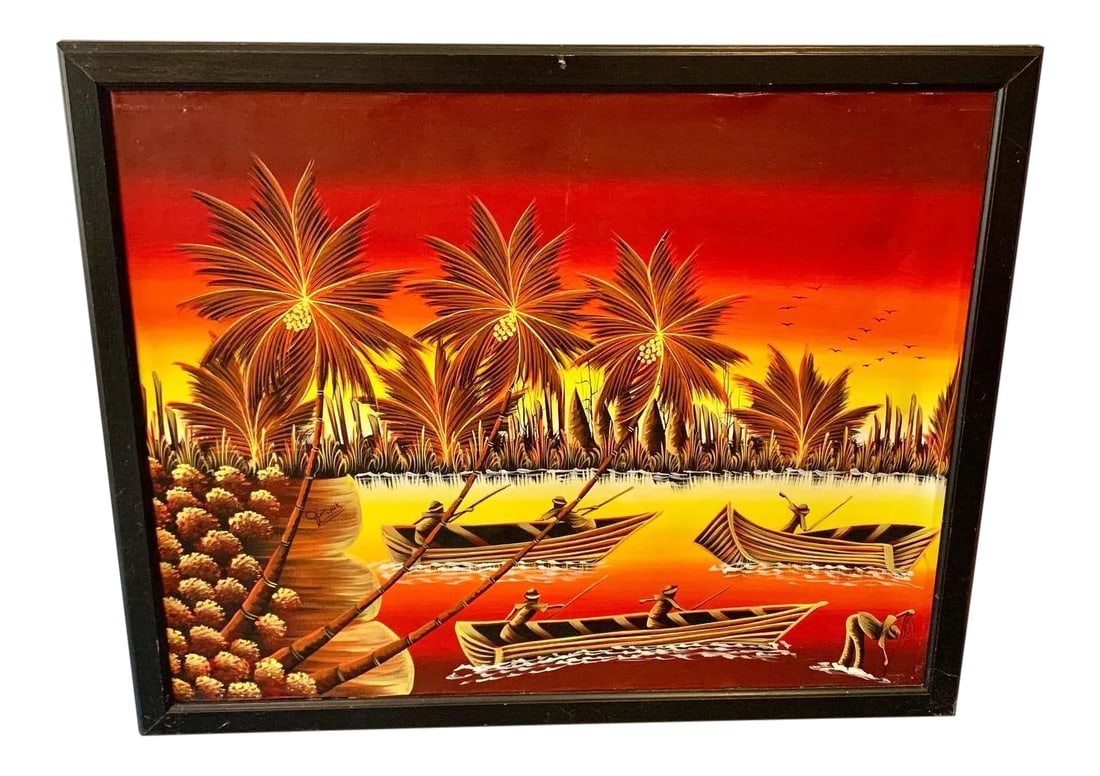 Vintage Tropical Landscape Painting: Vibrant vintage painting. Features almost neon colors depicting a tropical landscape. Perfect to add a punch of color to any space. This is a pre-owned item so please see all pictures and ask any