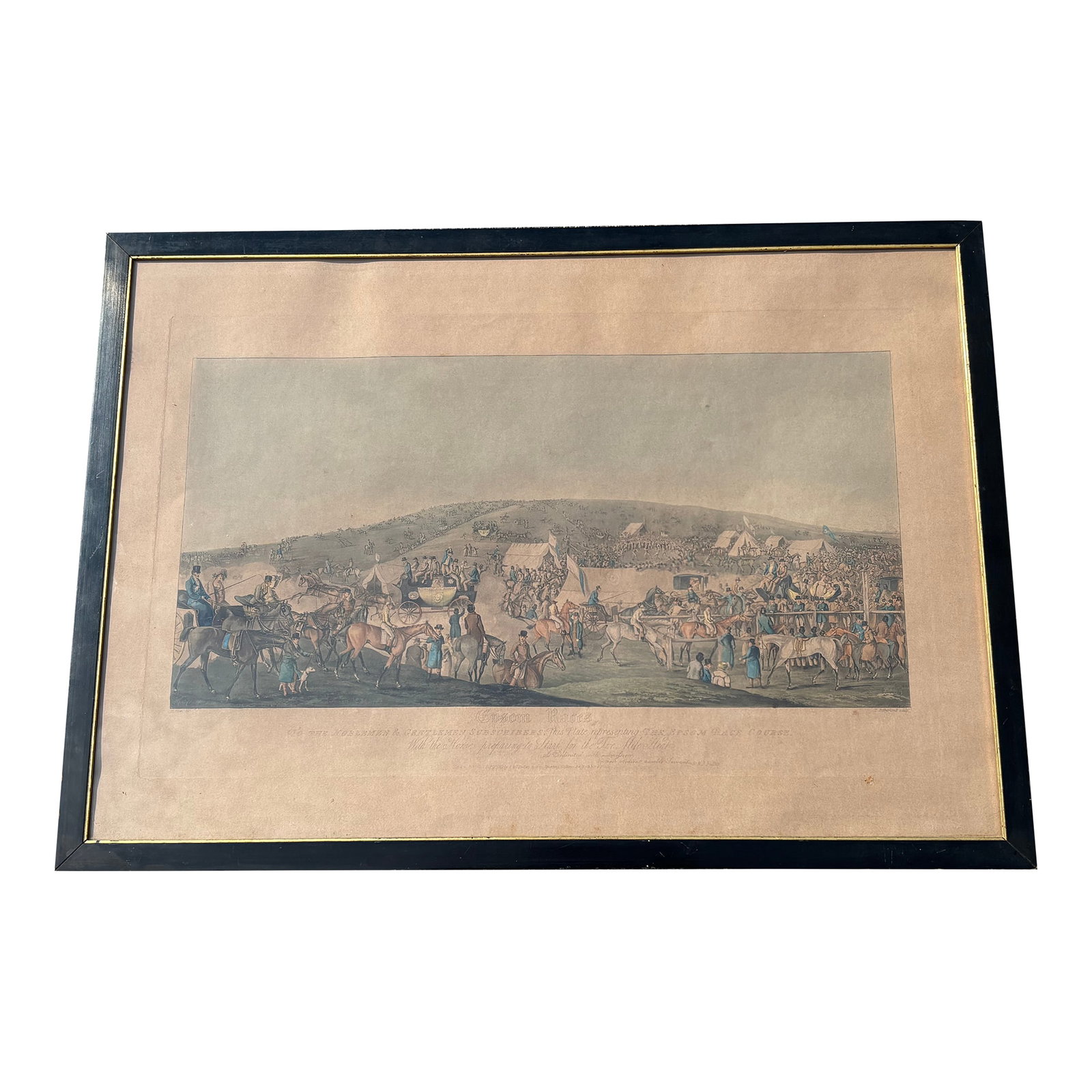 Epson Races - Henry Aiken - 19th C. English Equestrian Sporting Print in Original Frame: Epson Races - Original early 19th C. Henry Aiken Equestrian Print English / British Market, with incredible details. Printers marks in lower right and left dating to 1810, from The Sporting Gallery -