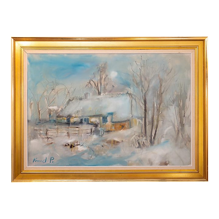 Mid 20th Century Danish Artist Knud Pedersen Landscape: The piece is signed lower left corner. Frame: H 33.5" x W 45" Canvas: 36.5" x W 38.5" Artist Knud Pedersen (26 December 1925, in Grenaa - 18 December 2014, in Gentofte) was a Danish artist and