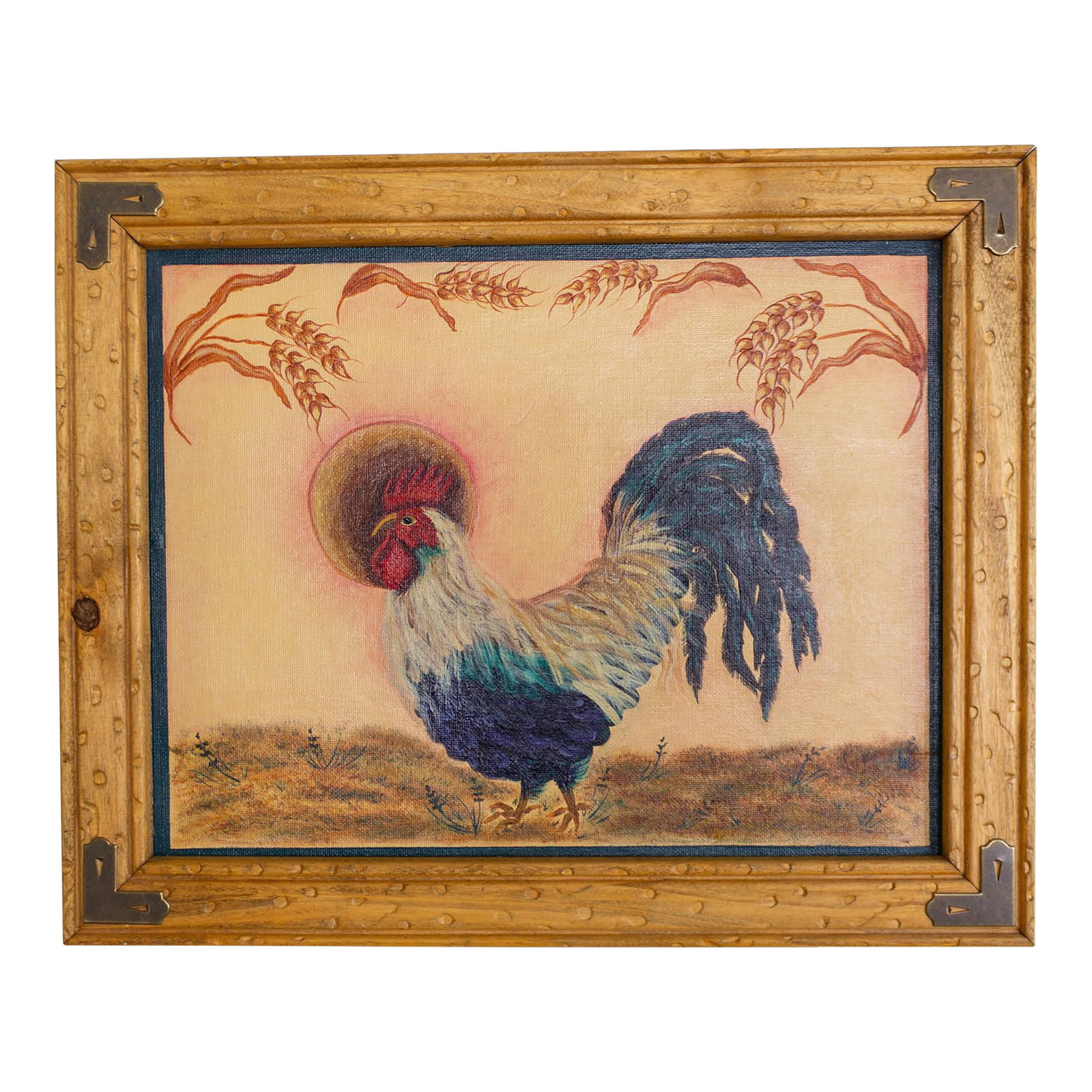Folk Art Figurative Rooster and Wheat Stalk Painting in Frame, Artist Unknown: This Americana, Folk Art Figurative painting features a rooster in a golden wheat field. A huge sun frames his profile, and detailed wheat sheaths create an upper border. The warm, soft peachy palette