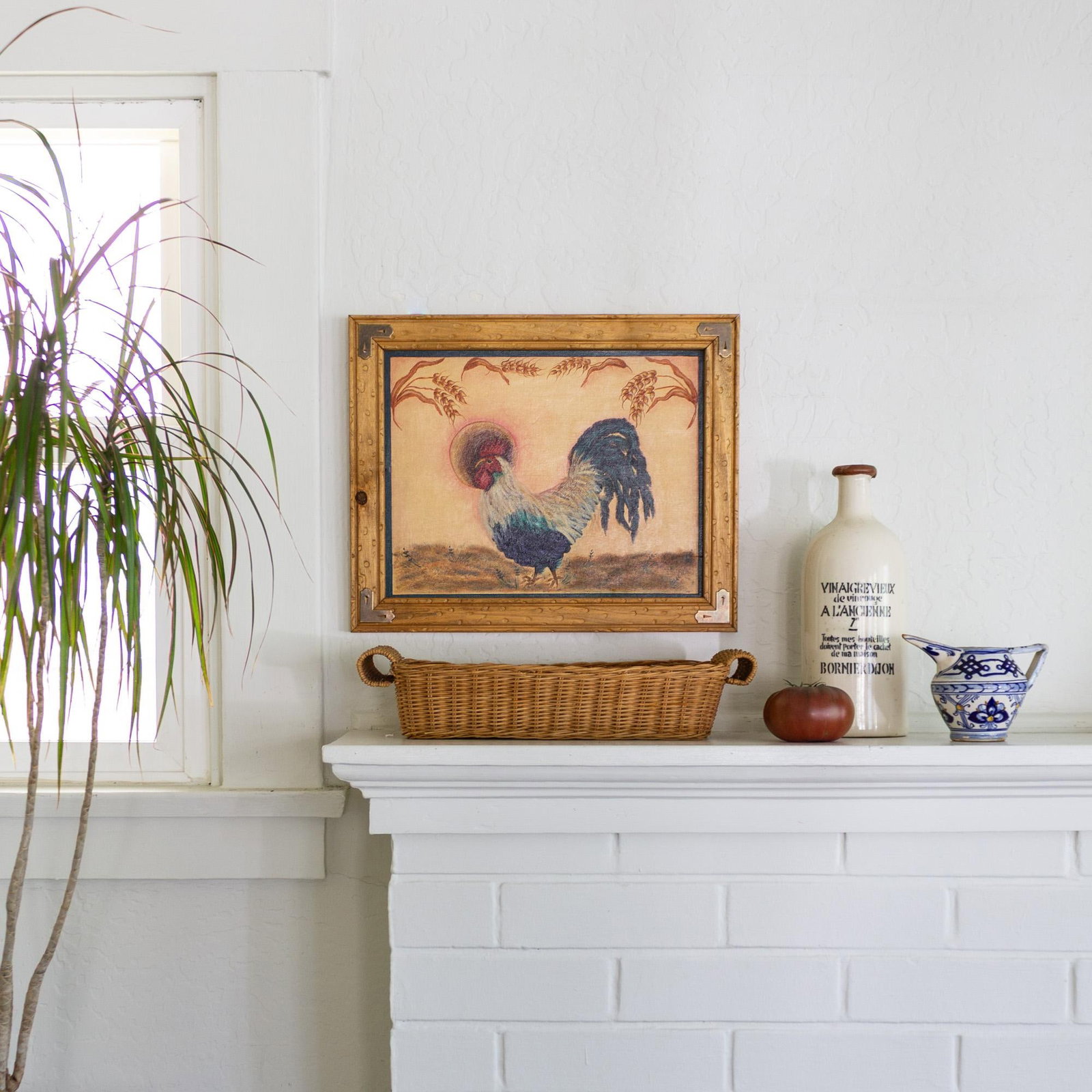 Folk Art Figurative Rooster and Wheat Stalk Painting in Frame, Artist Unknown - 2