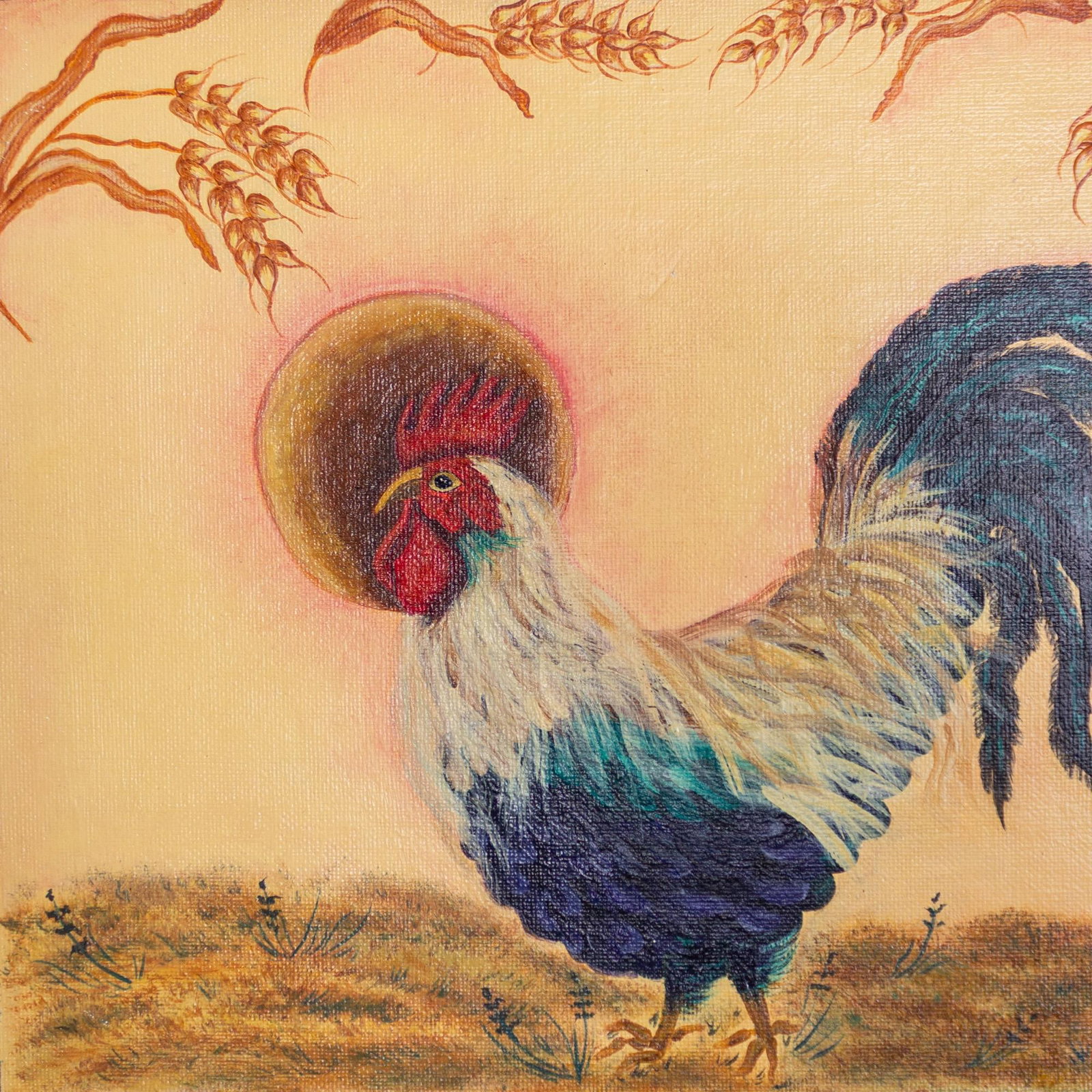 Folk Art Figurative Rooster and Wheat Stalk Painting in Frame, Artist Unknown - 3