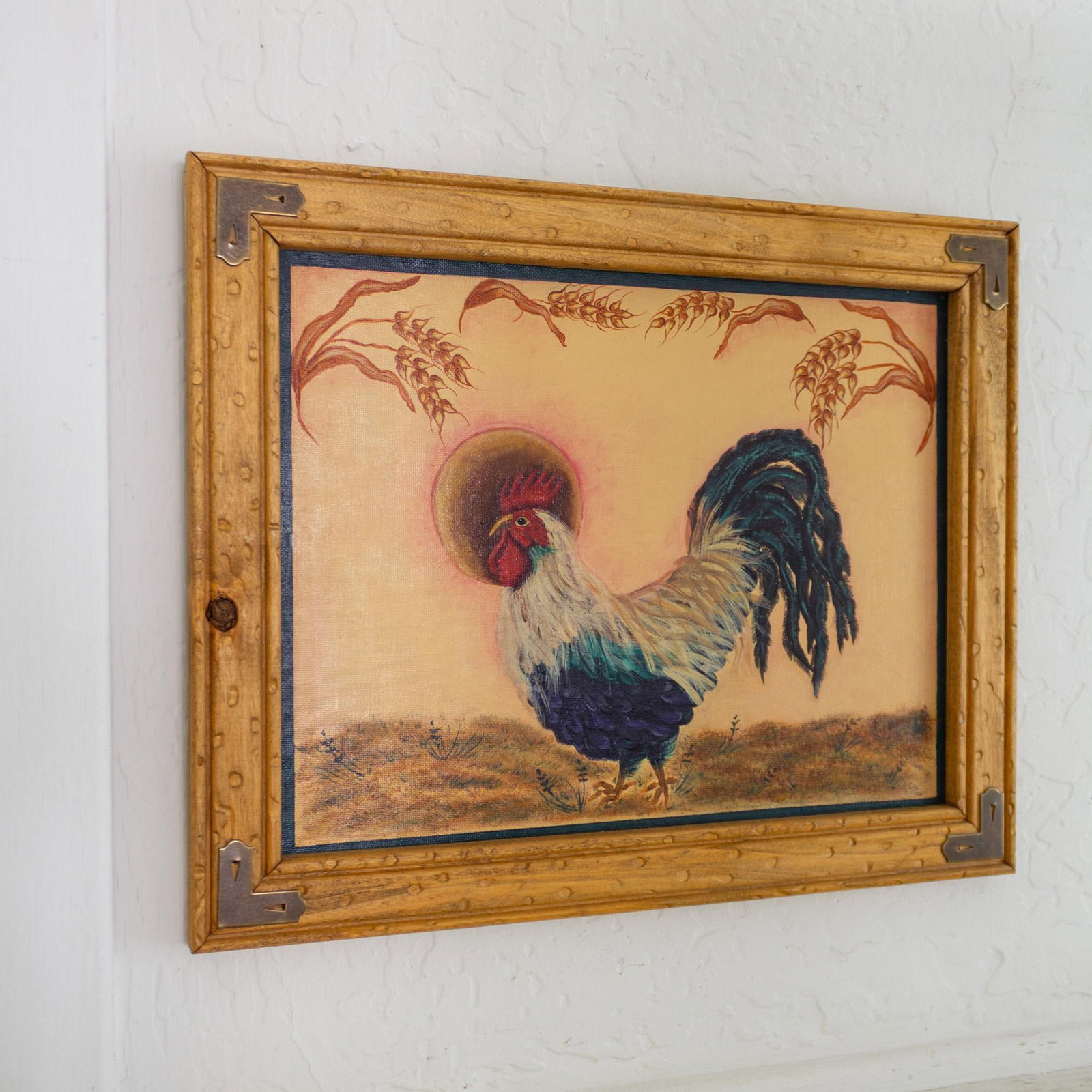 Folk Art Figurative Rooster and Wheat Stalk Painting in Frame, Artist Unknown - 4
