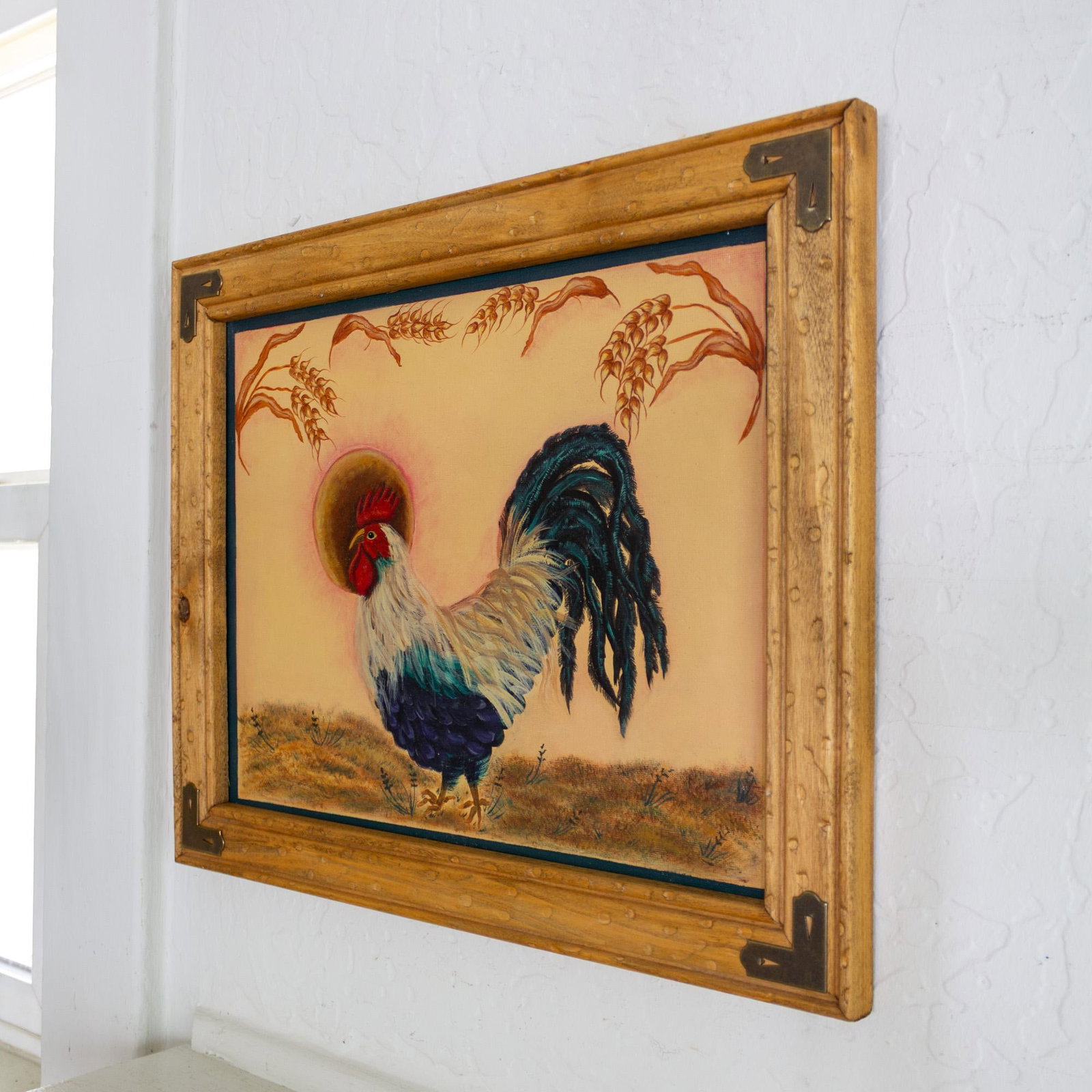 Folk Art Figurative Rooster and Wheat Stalk Painting in Frame, Artist Unknown - 5