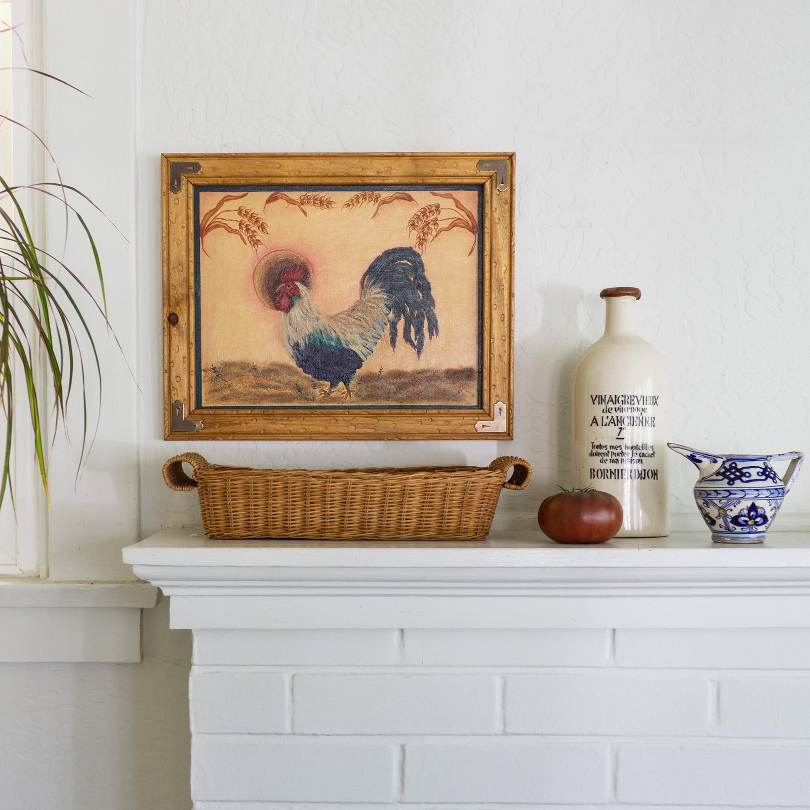 Folk Art Figurative Rooster and Wheat Stalk Painting in Frame, Artist Unknown - 6