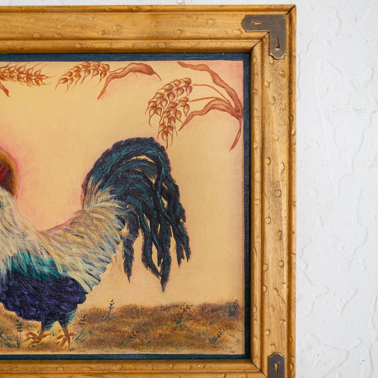 Folk Art Figurative Rooster and Wheat Stalk Painting in Frame, Artist Unknown - 7