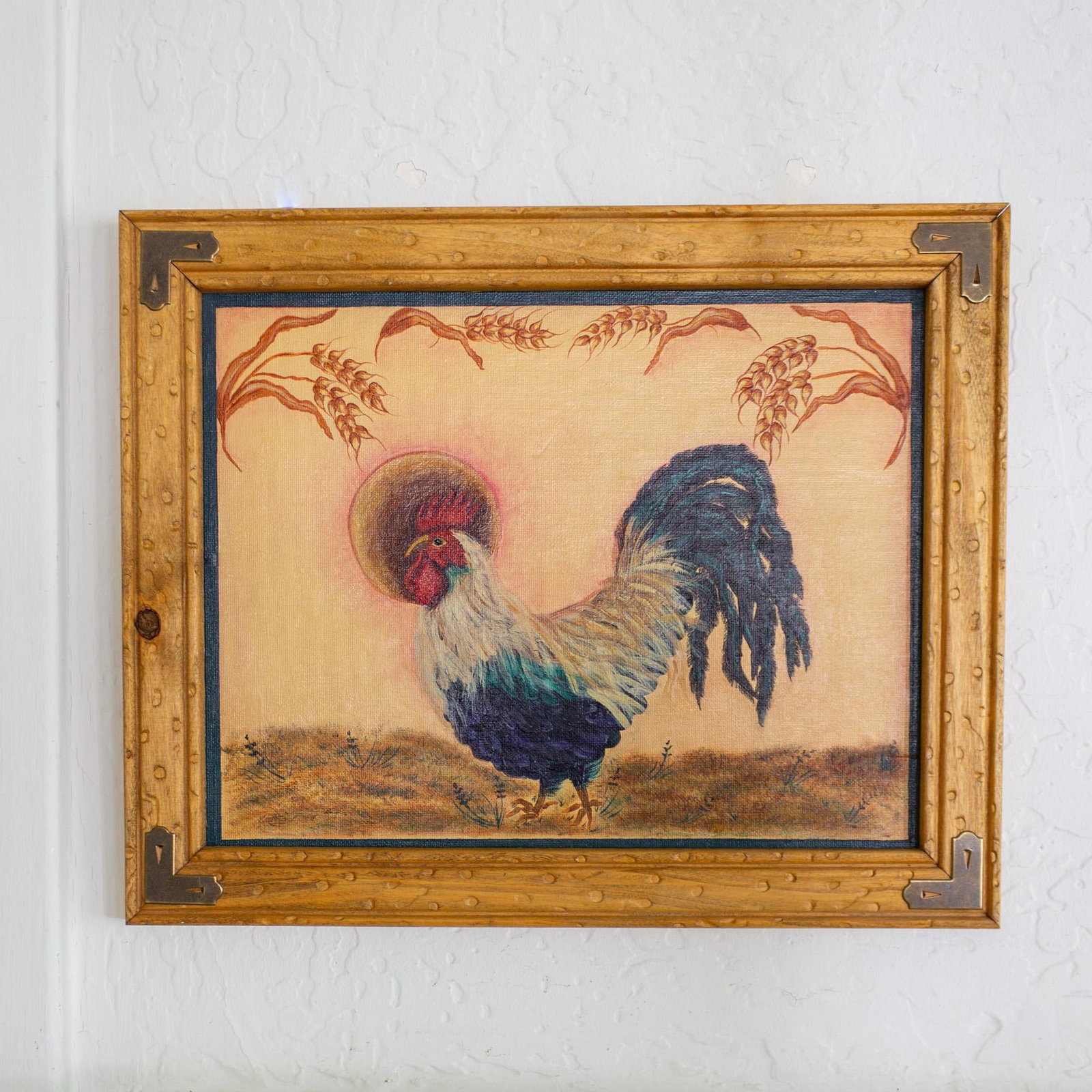 Folk Art Figurative Rooster and Wheat Stalk Painting in Frame, Artist Unknown - 8