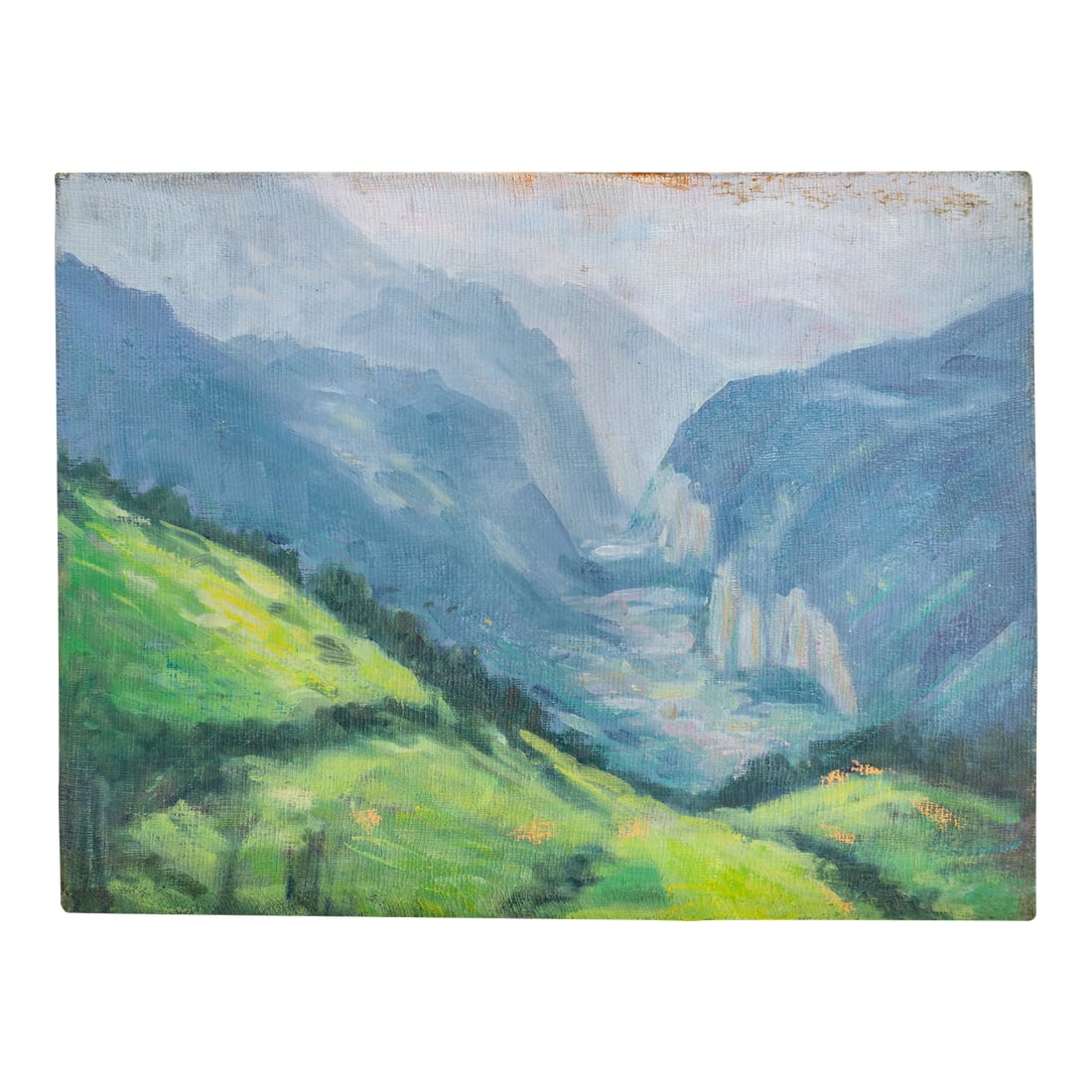 Unsigned Hills and Mountains Landscape Painting on Cheesecloth and Masonite: A vibrant landscape painting featuring bright green rolling hills peppered with orange flowers, and blue mountain ridges in the background, with accents of soft lavender in the stream and sky. The pai