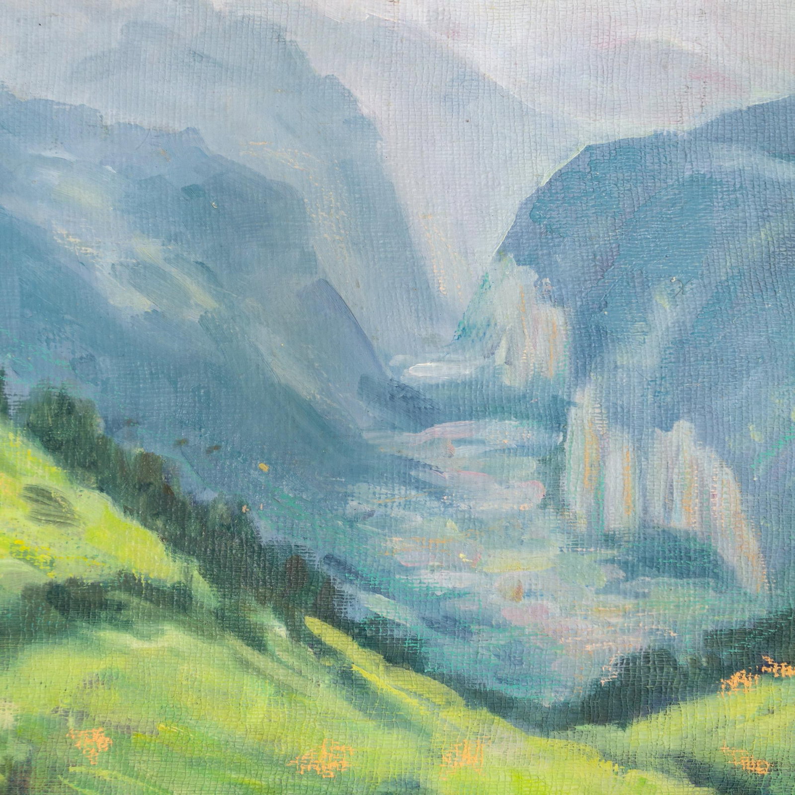 Unsigned Hills and Mountains Landscape Painting on Cheesecloth and Masonite - 7
