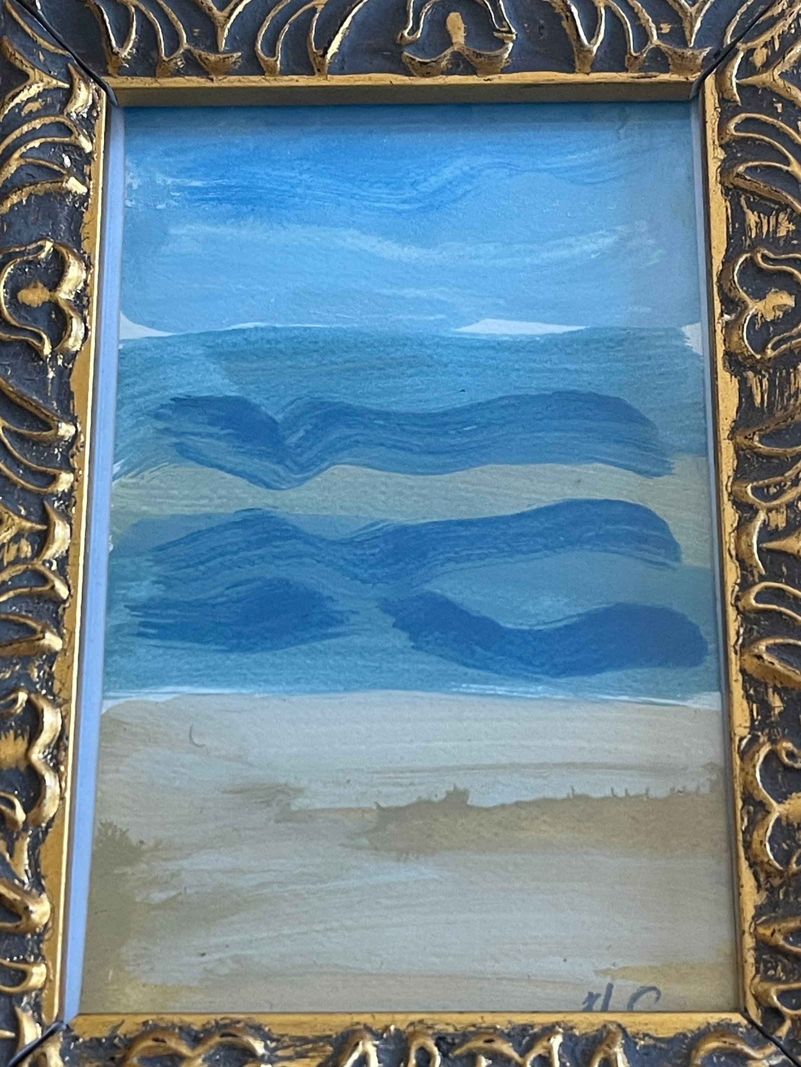 Original Art Painting Abstract Seascape in Golden Relief Frame - 2