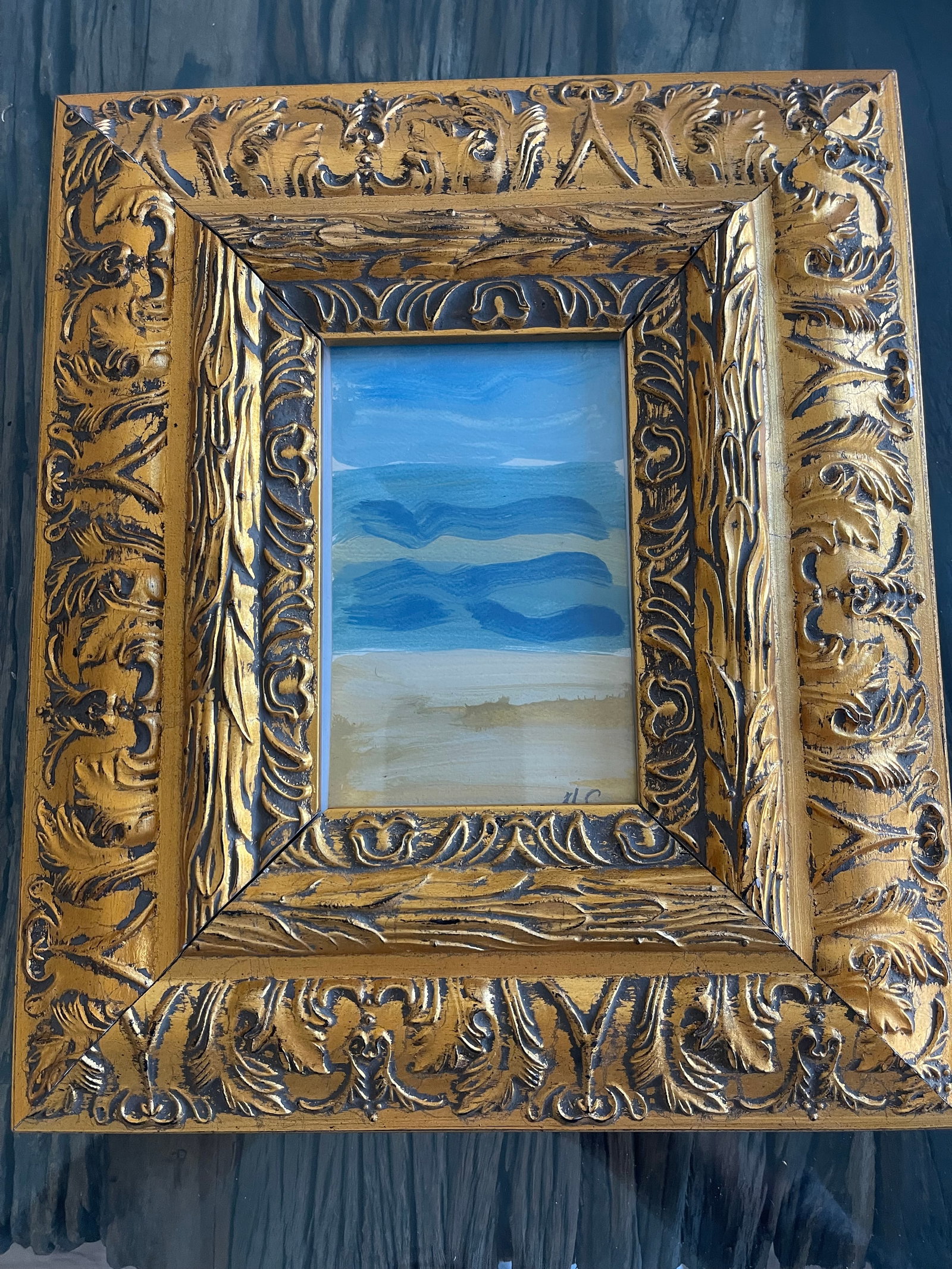 Original Art Painting Abstract Seascape in Golden Relief Frame - 3