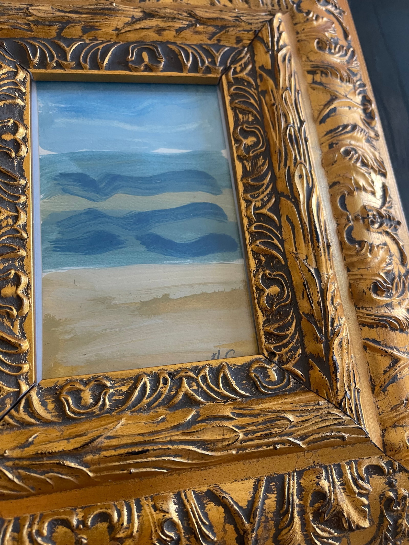 Original Art Painting Abstract Seascape in Golden Relief Frame - 4