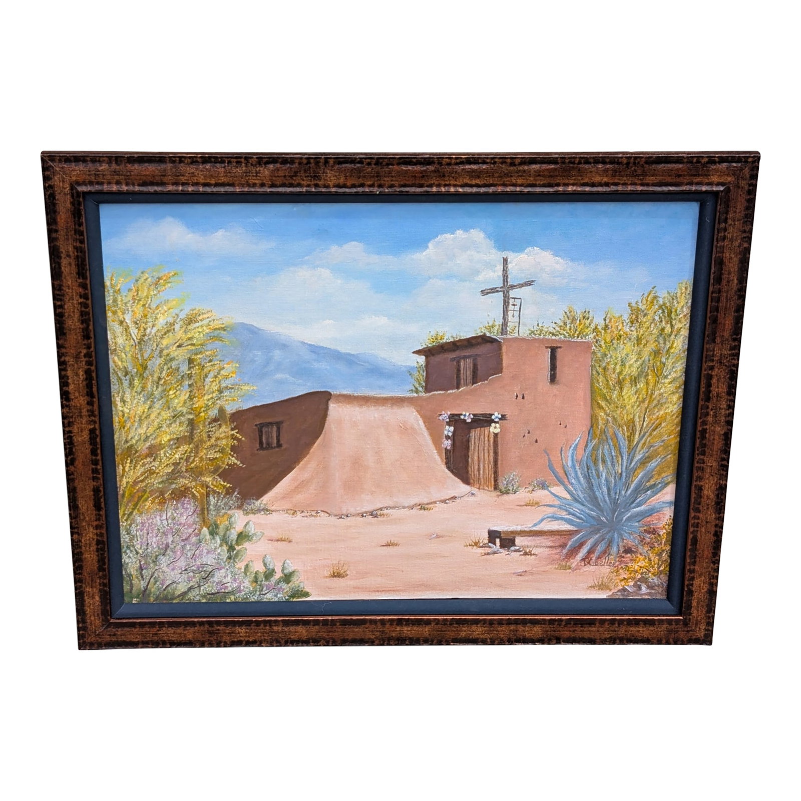 1990s "DeGrazias Chapel in the Sun" Original Southwestern Oil Painting by Ruth Moeller: Beautiful original oil painting by Ruth Moeller. On canvas panel. Condition: Alterations: Original Condition Unaltered Imperfections: Some Imperfections Condition Notes: Excellent period condition