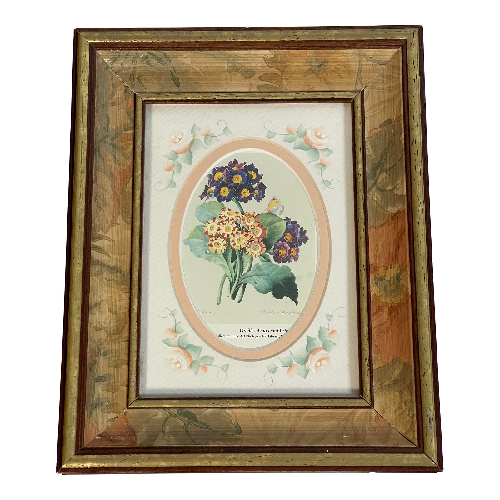 1970s Small Vintage Botanical Primula Chromolithograph in Handpainted Frame: Vintage botanical chromolithograph of Primulas in Handpainted framed framed and handpainted matte. Condition: Alterations: Original Condition Unaltered Imperfections: Some Imperfections Condition