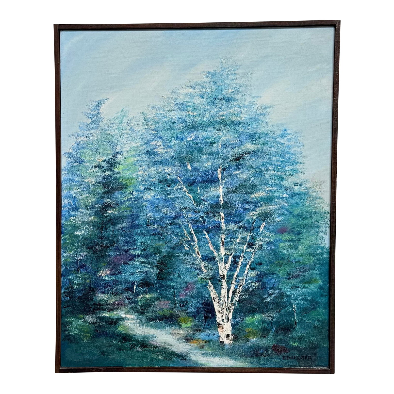 Vintage Signed E. Dutcher Birch Landscape Painting in Blue-Green Tones: A quietly atmospheric vintage landscape painting centered around a luminous white birch emerging from deep blue-green woodland tones. The palette leans almost tonal from a distance - layered turquoise