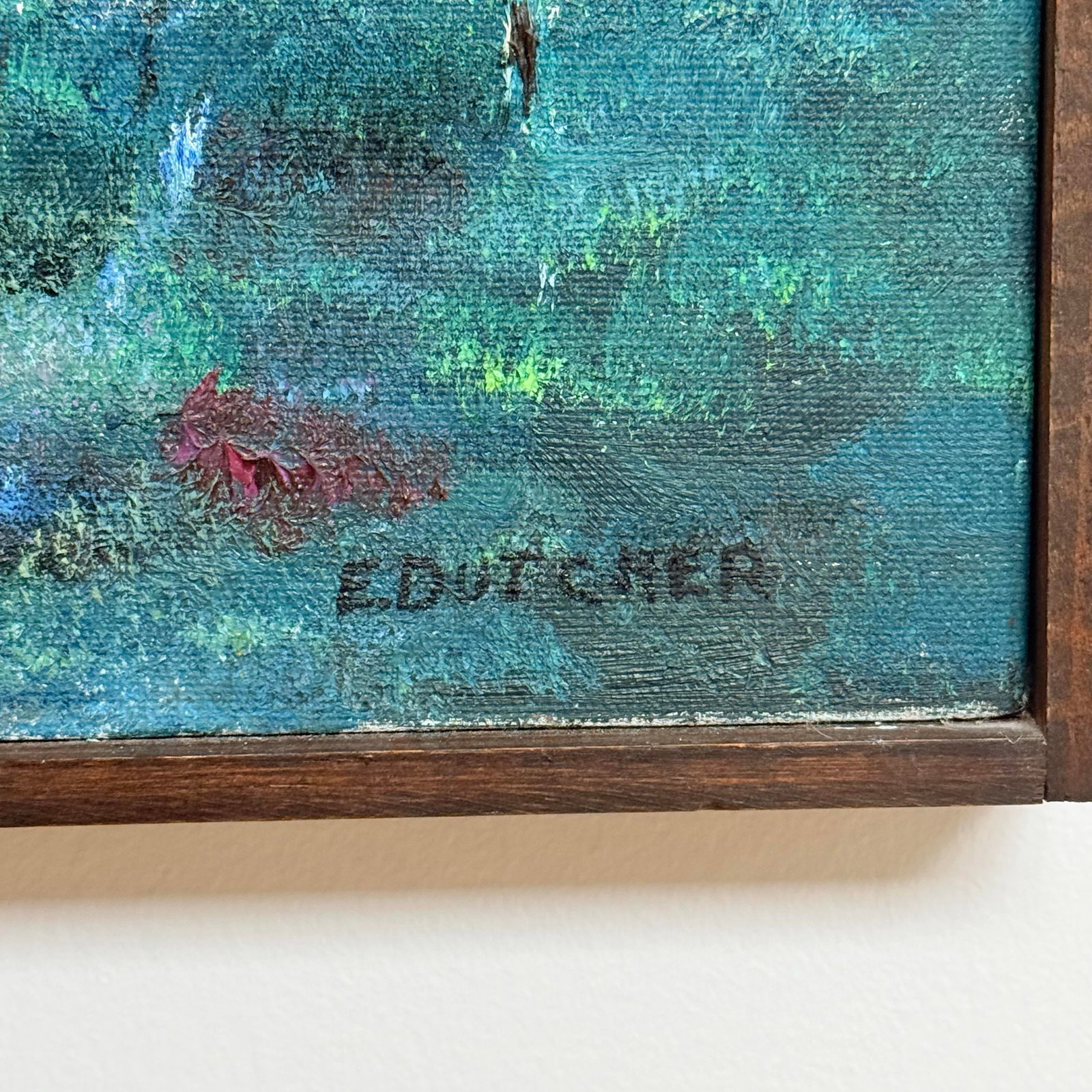 Vintage Signed E. Dutcher Birch Landscape Painting in Blue-Green Tones - 2