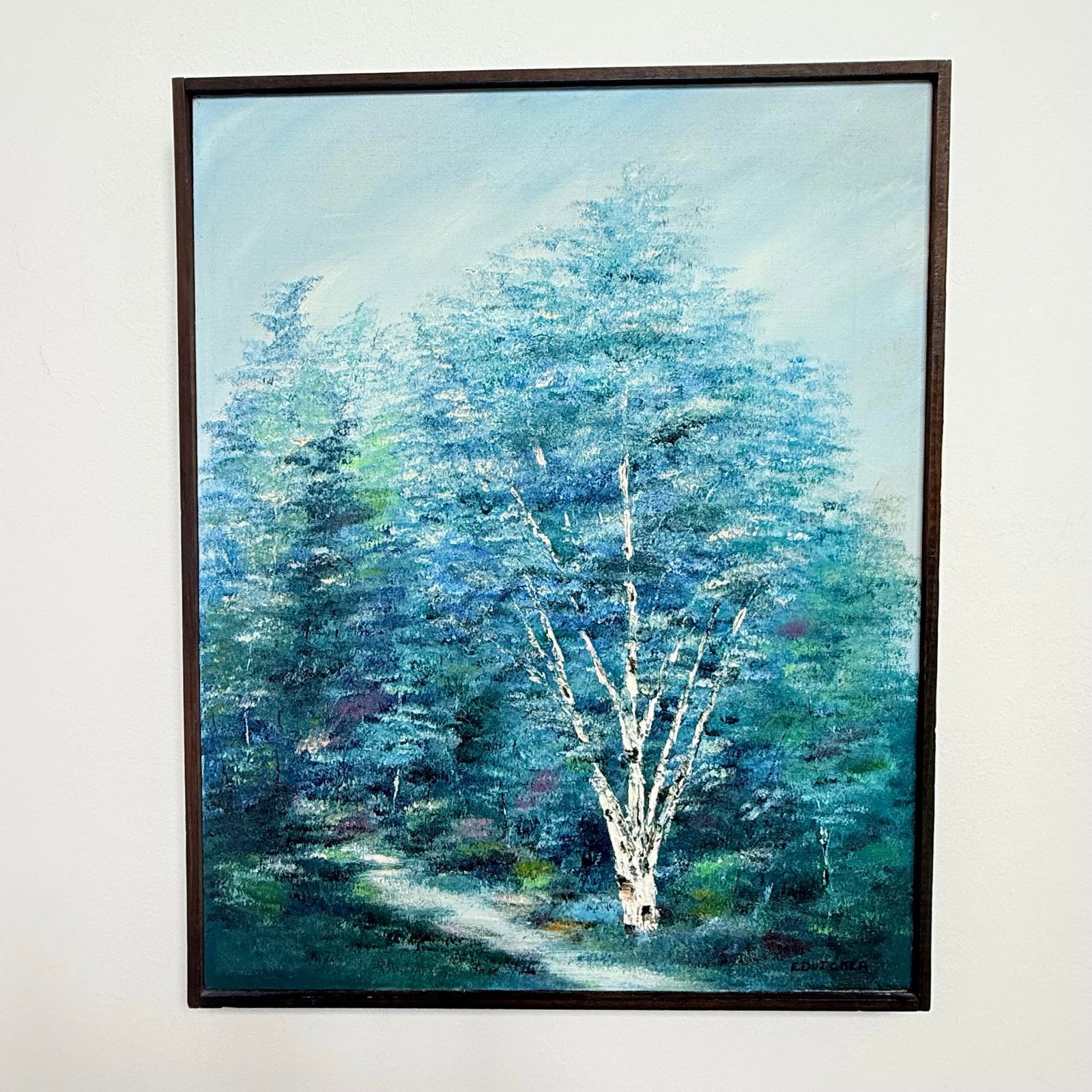 Vintage Signed E. Dutcher Birch Landscape Painting in Blue-Green Tones - 3