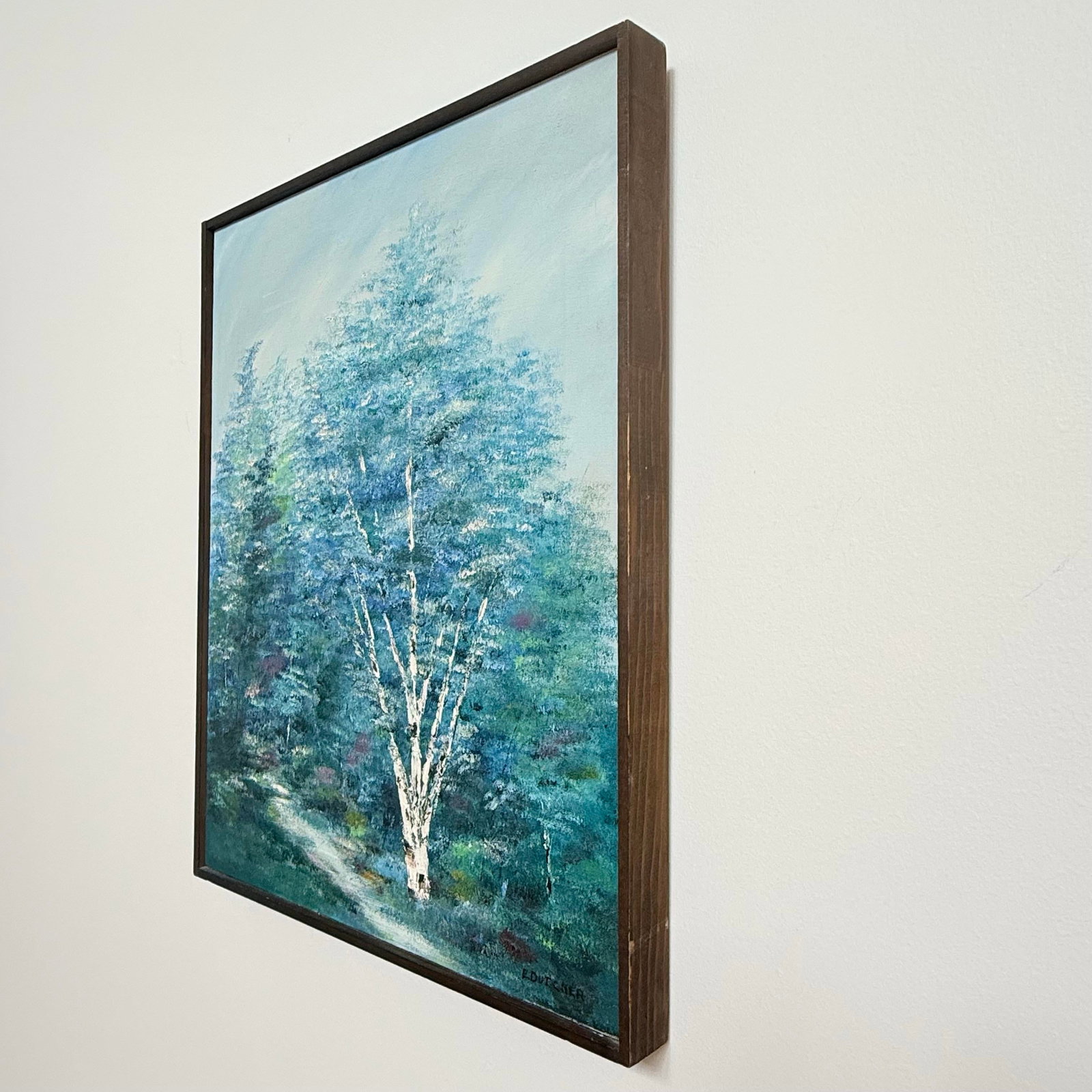 Vintage Signed E. Dutcher Birch Landscape Painting in Blue-Green Tones - 4