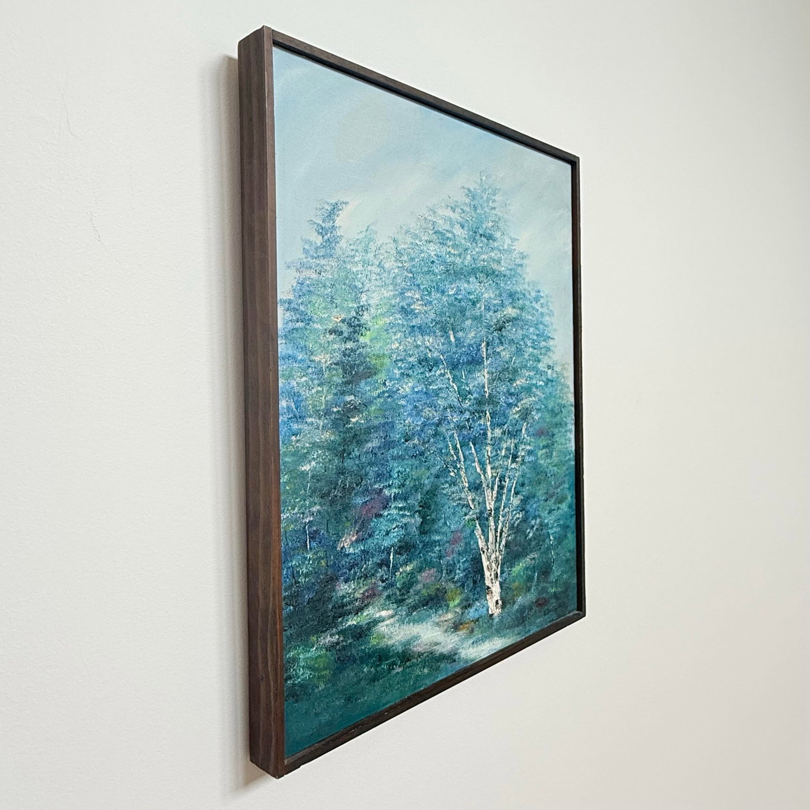 Vintage Signed E. Dutcher Birch Landscape Painting in Blue-Green Tones - 5