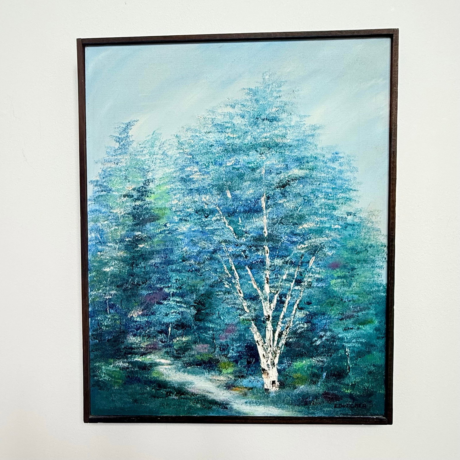 Vintage Signed E. Dutcher Birch Landscape Painting in Blue-Green Tones - 7