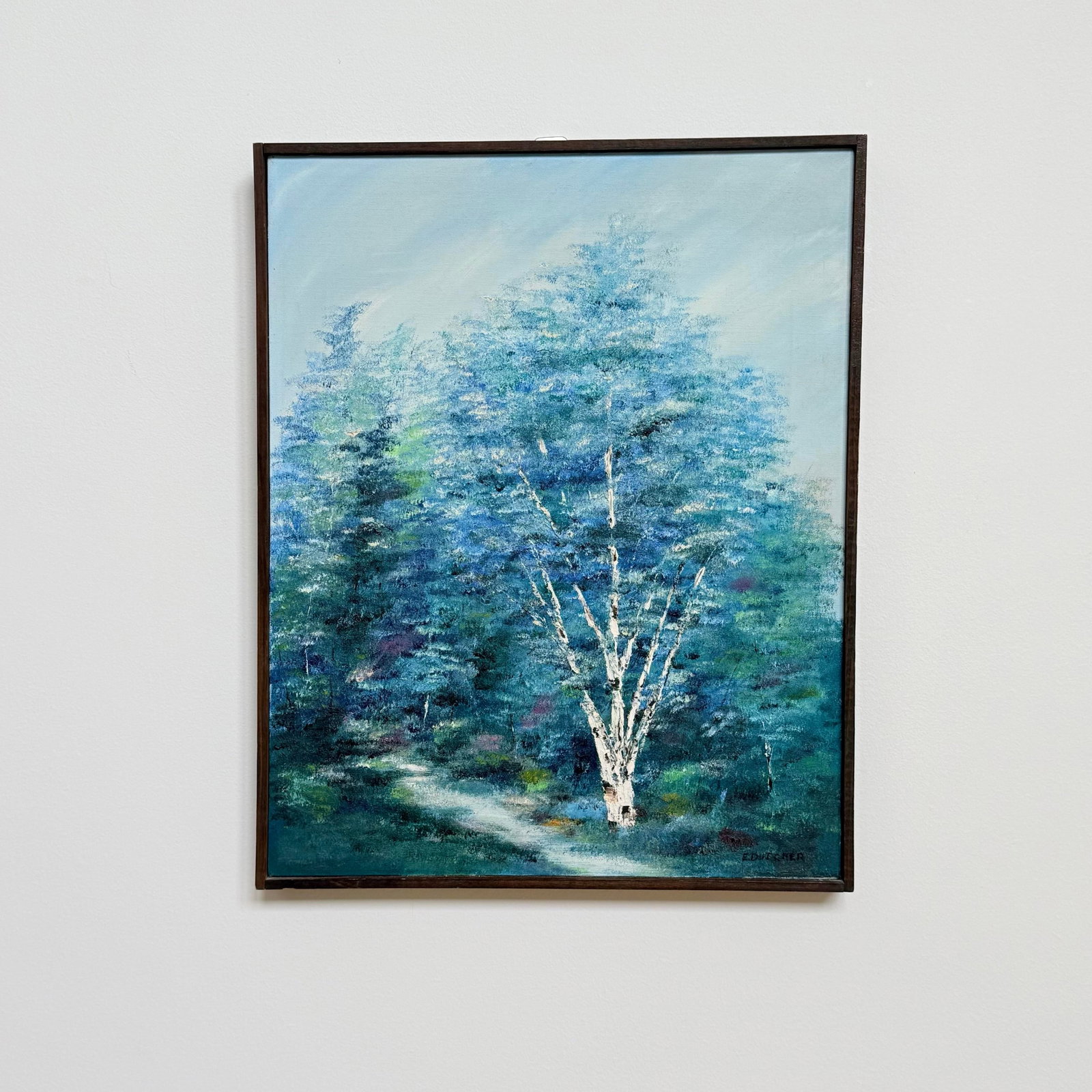 Vintage Signed E. Dutcher Birch Landscape Painting in Blue-Green Tones - 8