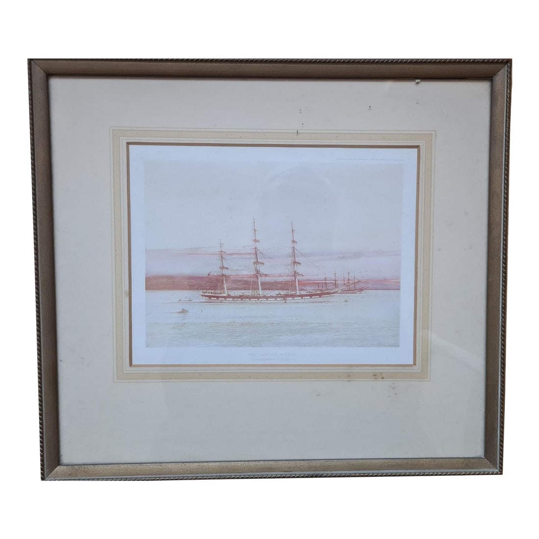1910s "Golden Fleece", Reproduction Print From Painting of Jack Spurling (1870 - 1933 English): Golden Fleece Australian Trader Ship Vintage Nautical Art Print Jack Spurling (1870 - 1933, English) 13.75" x 12.25" with frame Condition: Alterations: Original Condition Unaltered Imperfections: