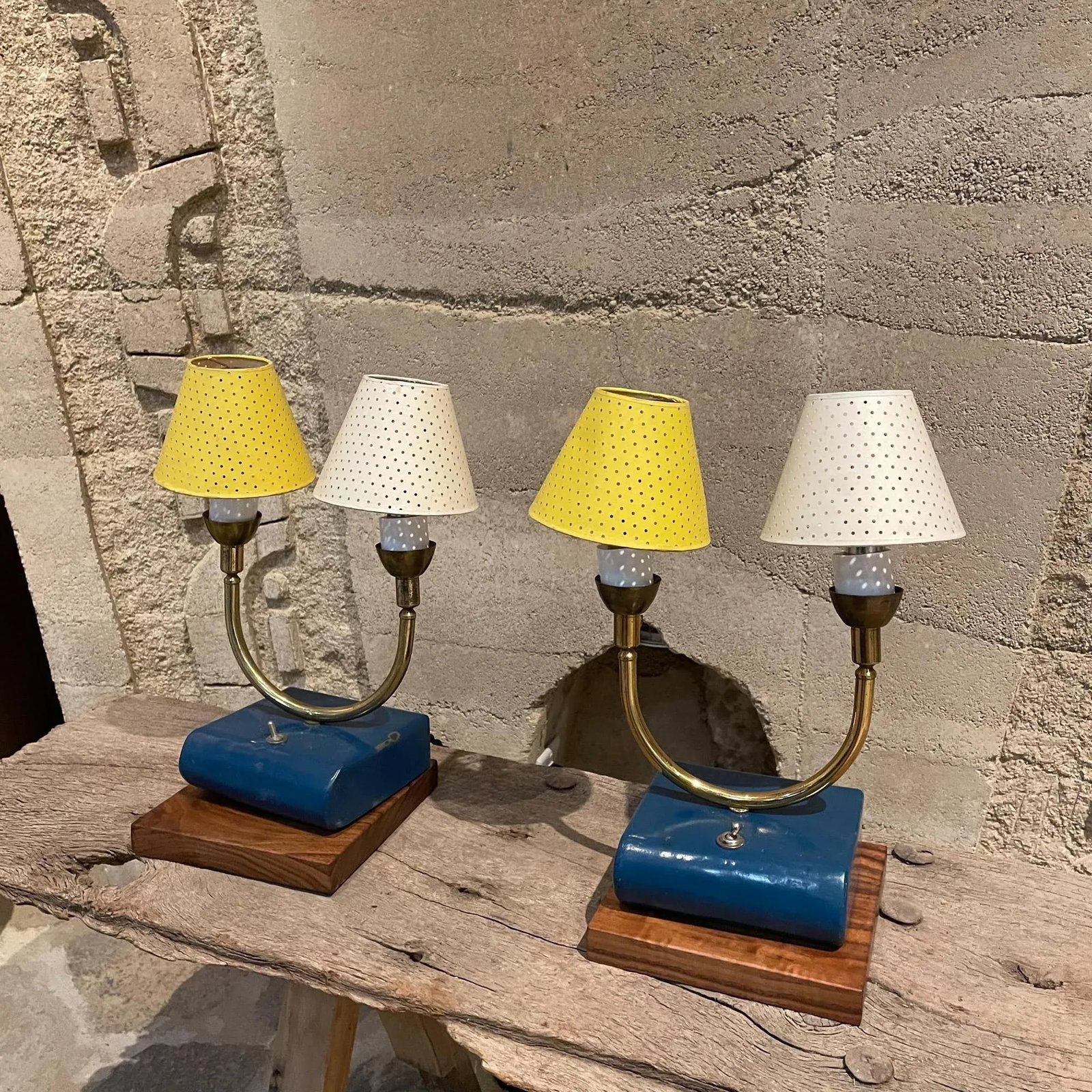 1950s French Table Lamps Blue White & Yellow France - 10