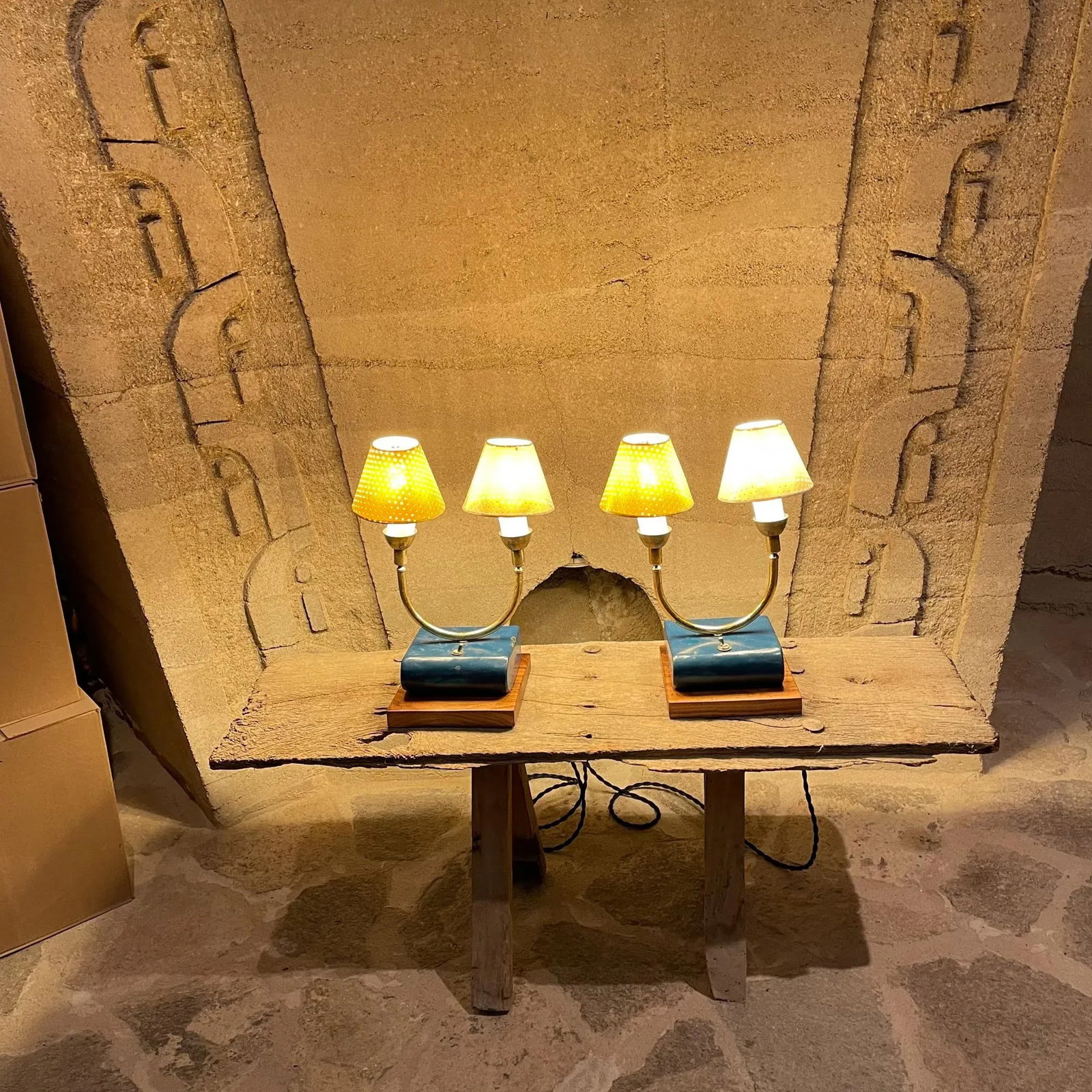 1950s French Table Lamps Blue White & Yellow France - 3