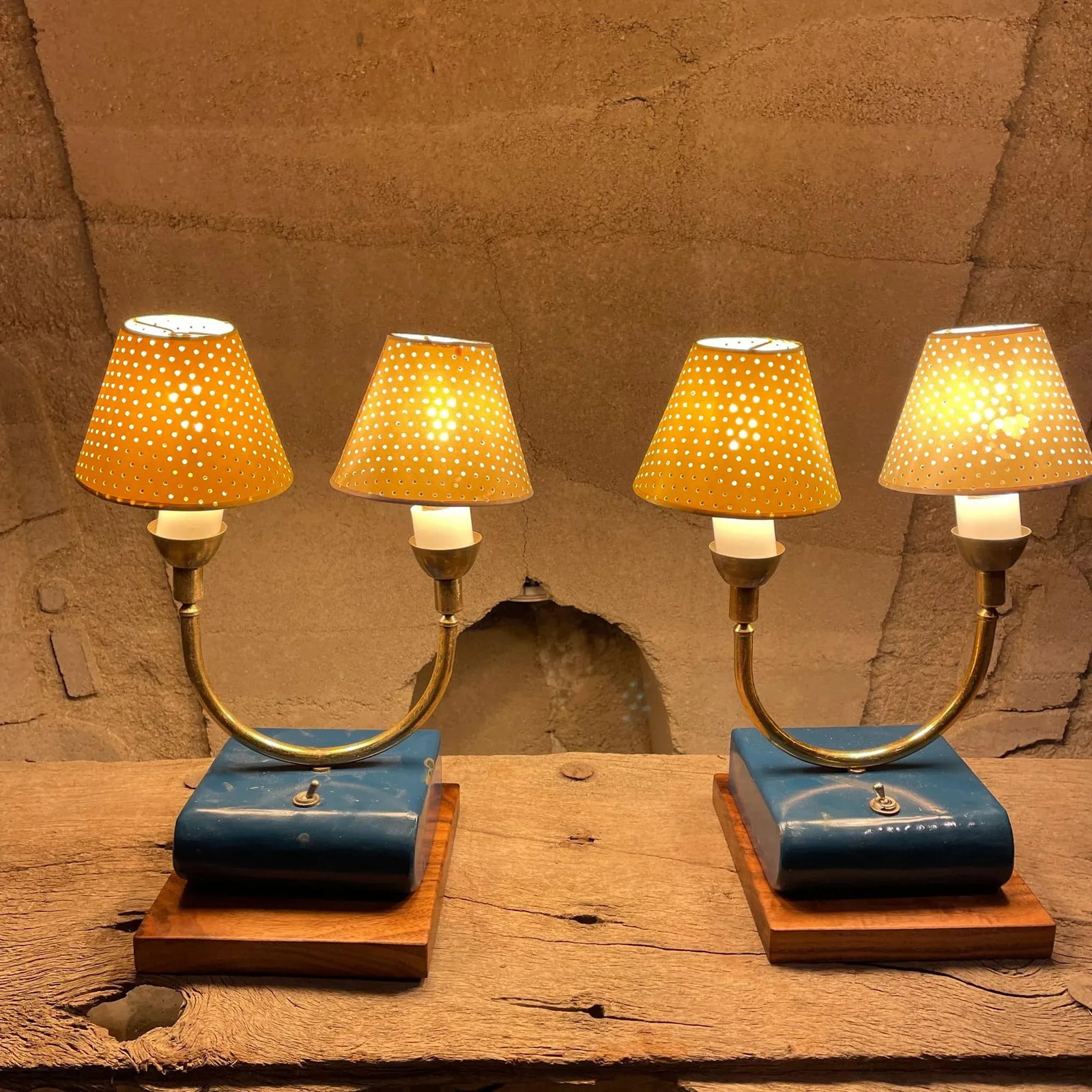 1950s French Table Lamps Blue White & Yellow France - 6