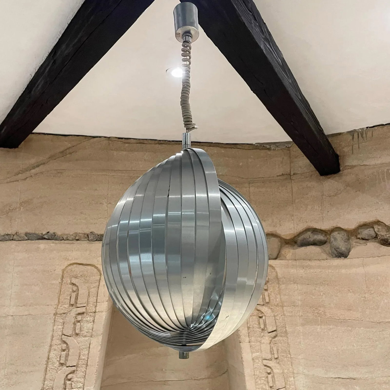 1970s Moon Pendant Lamp by Henri Mathieu in Brushed Aluminum - 12