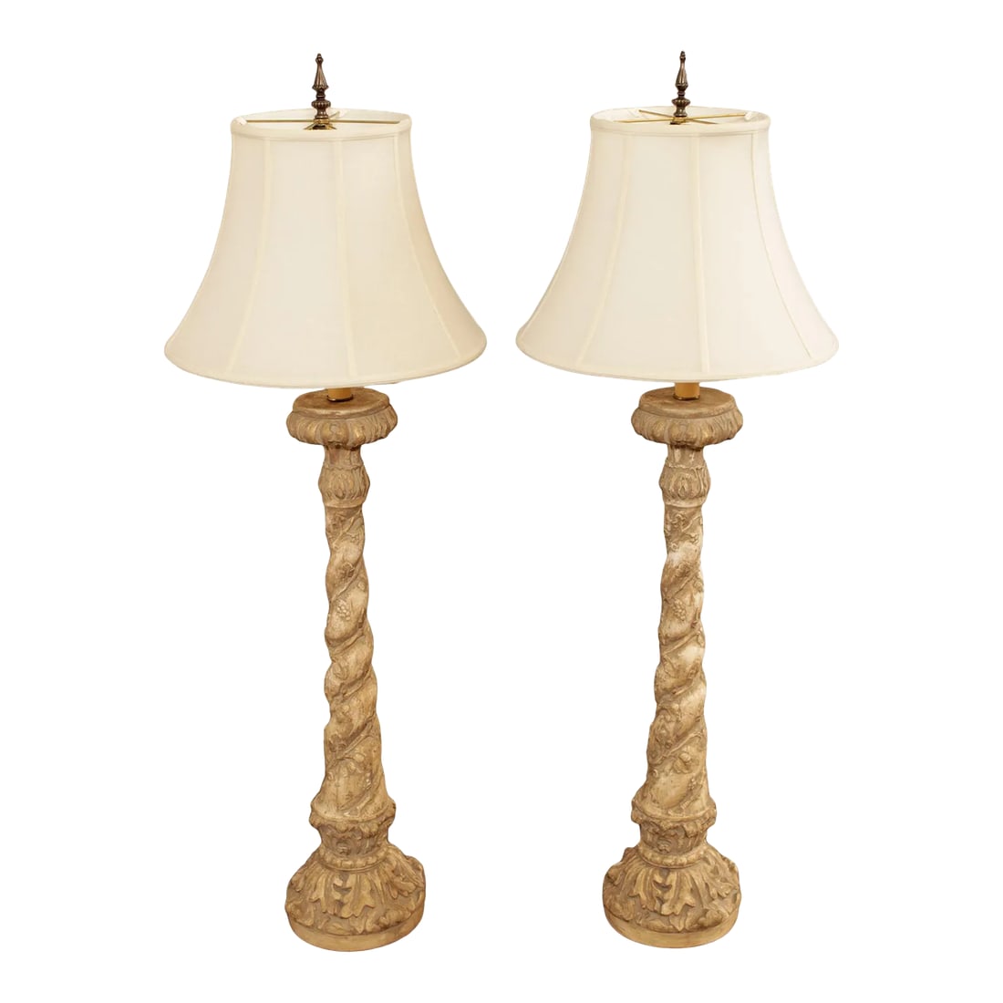Milano Designs Tall Carved Twisted Torchier Candlestick Table Lamps - A Pair: High Quality Pair Tall Carved Composition Table Lamps with Shades Condition: Alterations: Original Condition Unaltered Imperfections: Some Imperfections Condition Notes: Clean Vintage Condition. Tear 