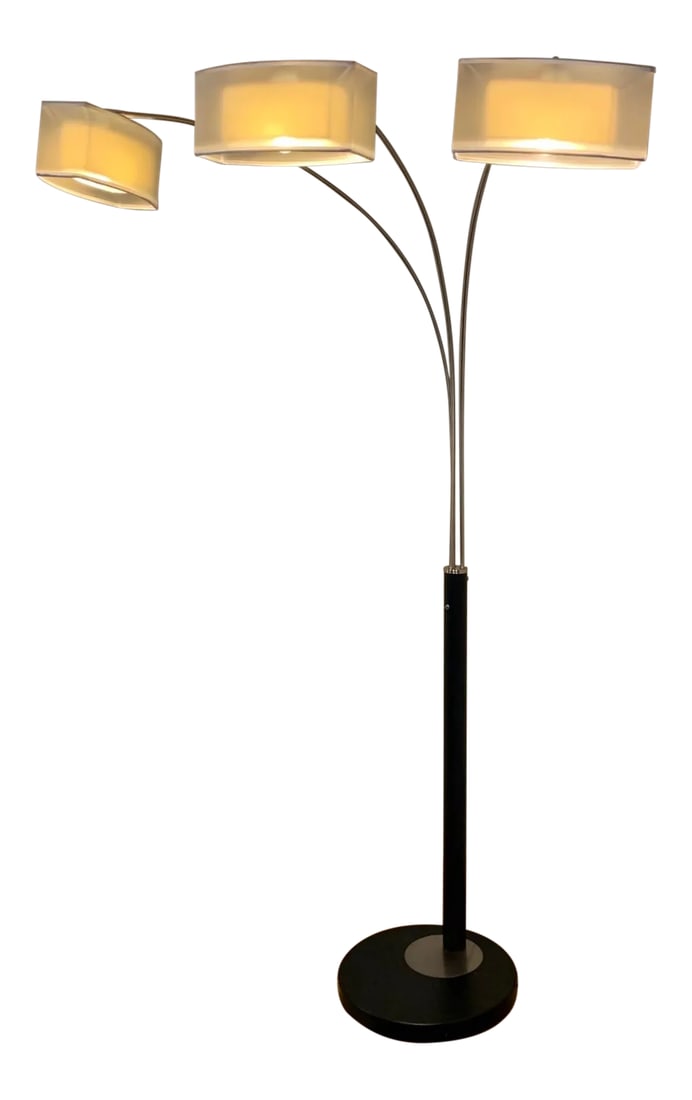 Postmodern Swing Arm Arc Floor Lamp: Post Modern style swing arm arc floor lamp features black satin weighted 17" dia. metal base and three 82" H chrome arms gracefully arching to 36 inches each accented with rectangular faux vellum oute