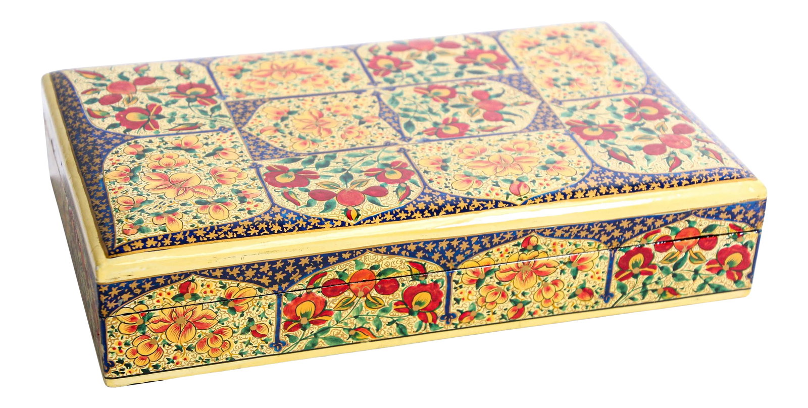 Hand Painted Rajasthani Lacquer Decorative Box: Hand painted Rajasthani lacquer box in rectangular shape with lid decorated with floral designs. Great decorative box. Size is 9" x 5.5" x 2" height. Overall good condition. Great Islamic Art collecto