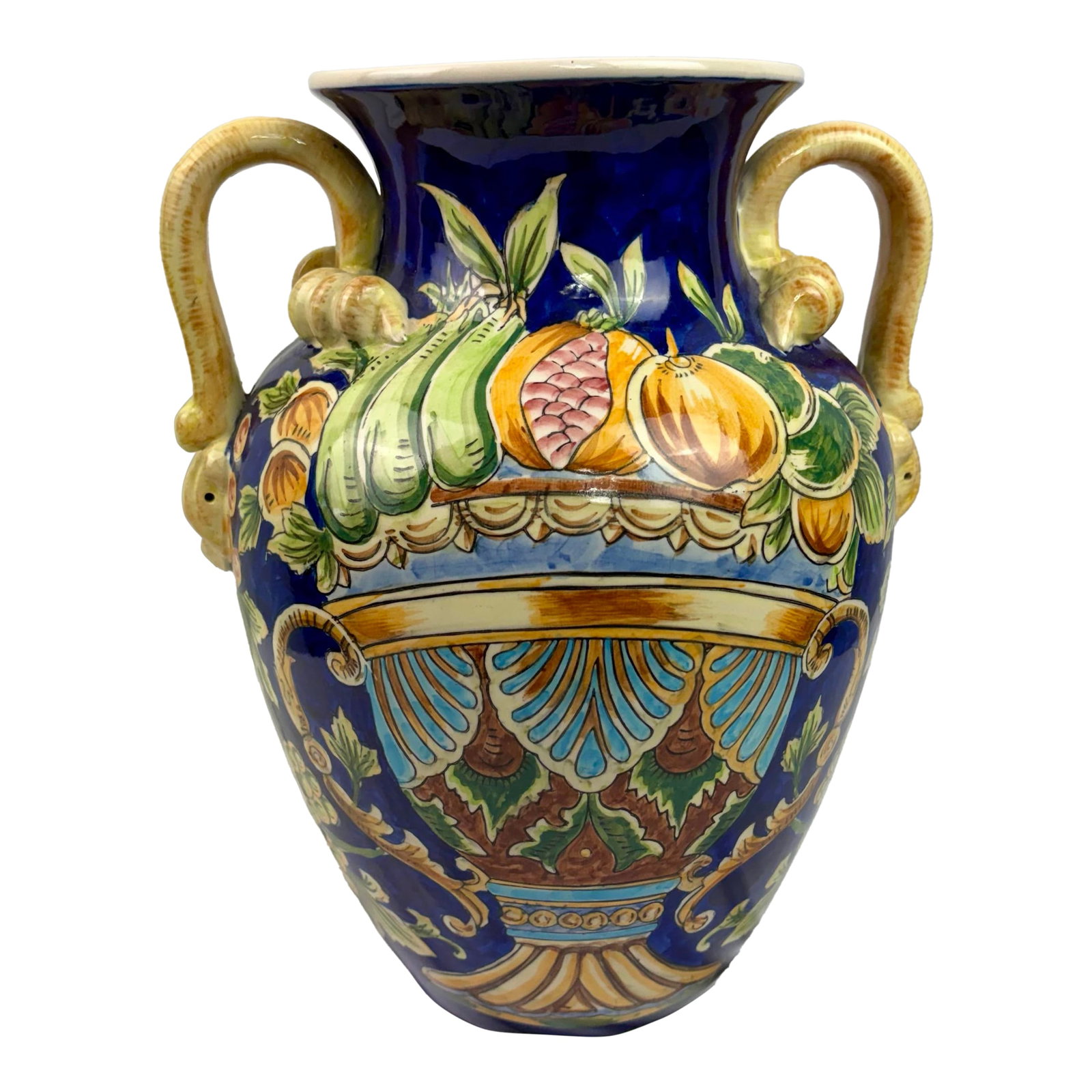 Late 20th Century Italian Majolica Amphora Vase - Hand-Painted Cobalt Blue Glazed Ceramic With Fruit: Vintage Italian majolica-style amphora vase featuring a rich cobalt blue glaze with hand-painted fruit and scrolling motifs. The classical twin-handle form and vibrant palette reflect traditional Medi