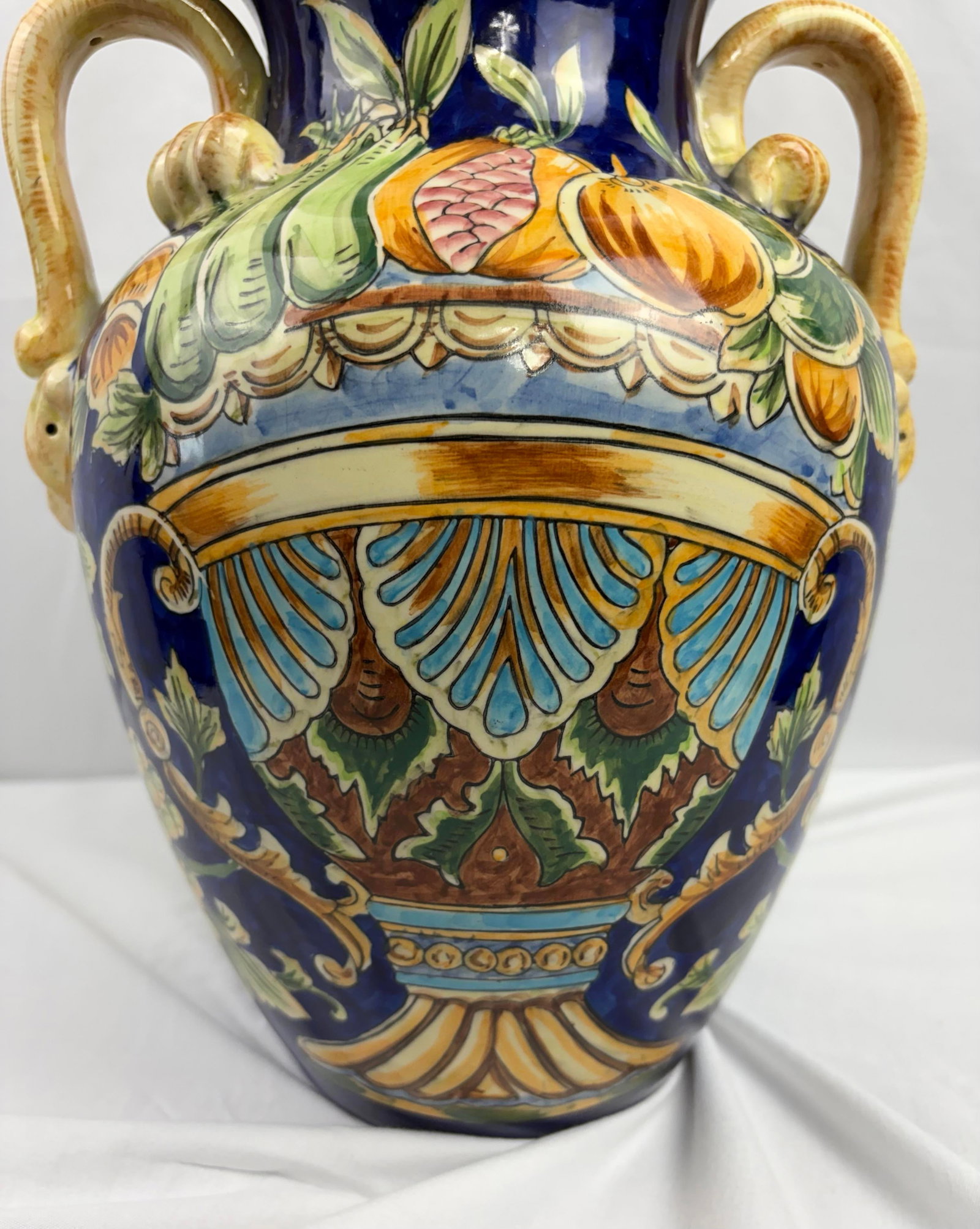 Late 20th Century Italian Majolica Amphora Vase - Hand-Painted Cobalt Blue Glazed Ceramic With Fruit - 2
