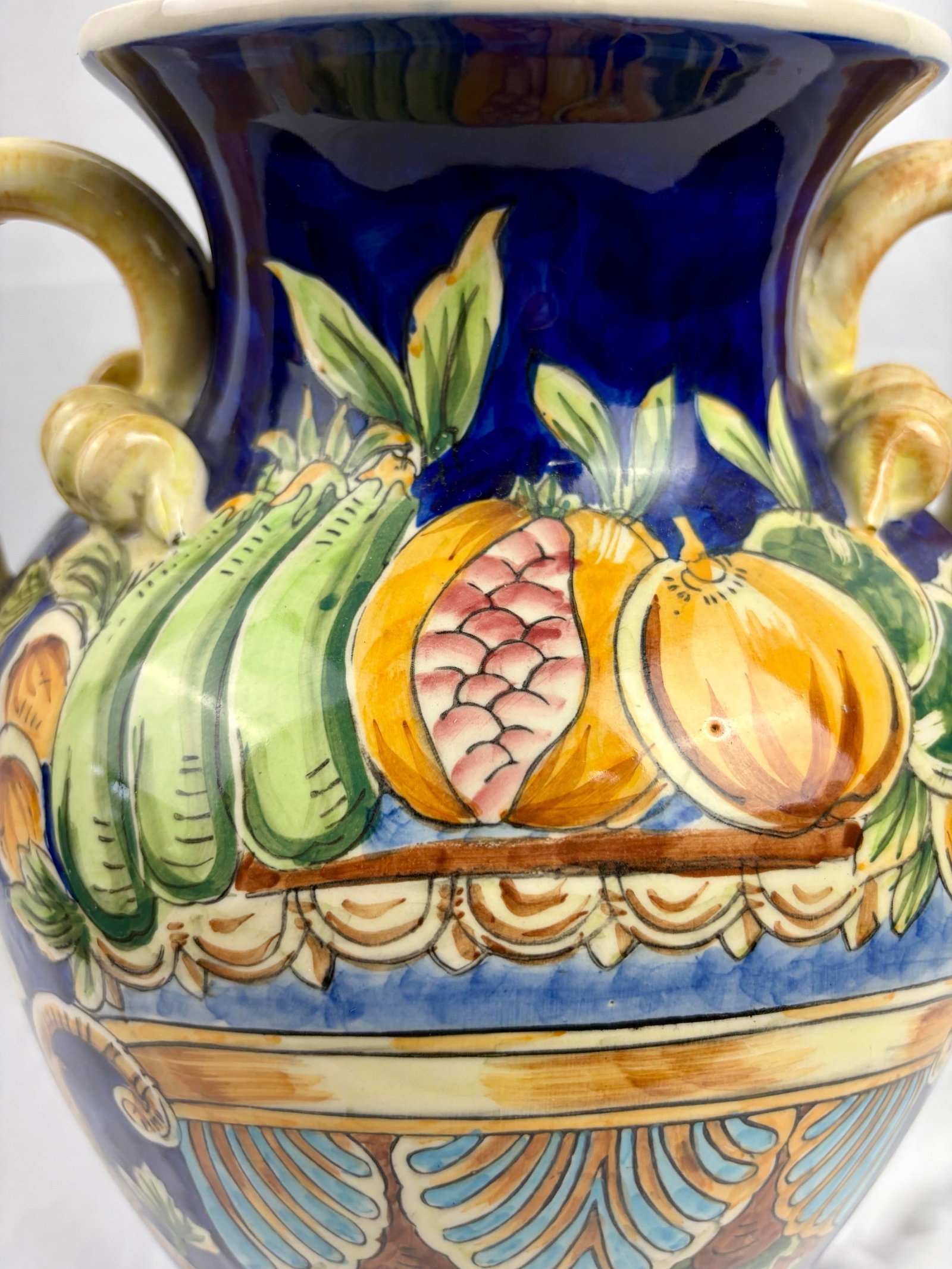 Late 20th Century Italian Majolica Amphora Vase - Hand-Painted Cobalt Blue Glazed Ceramic With Fruit - 4
