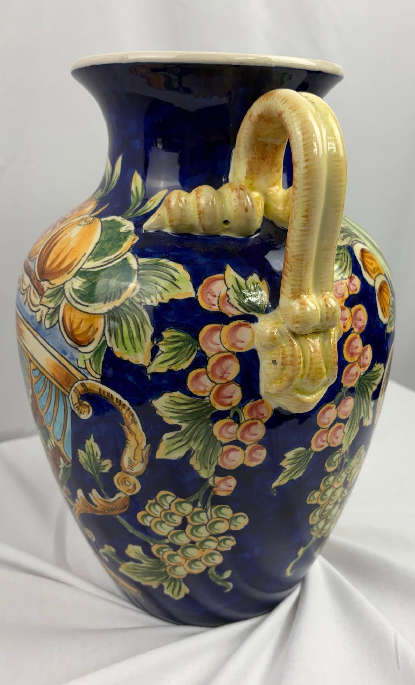 Late 20th Century Italian Majolica Amphora Vase - Hand-Painted Cobalt Blue Glazed Ceramic With Fruit - 5