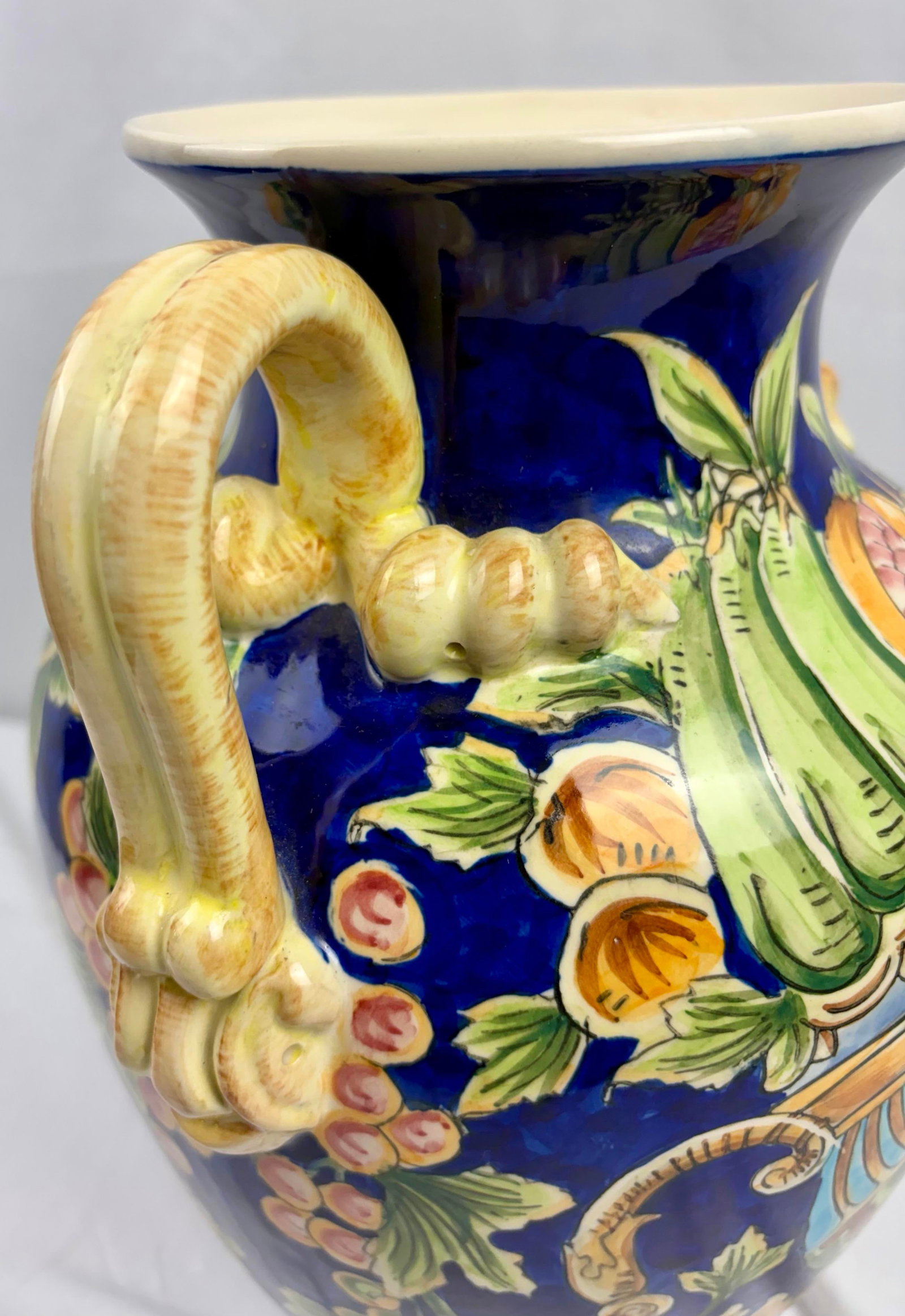Late 20th Century Italian Majolica Amphora Vase - Hand-Painted Cobalt Blue Glazed Ceramic With Fruit - 6