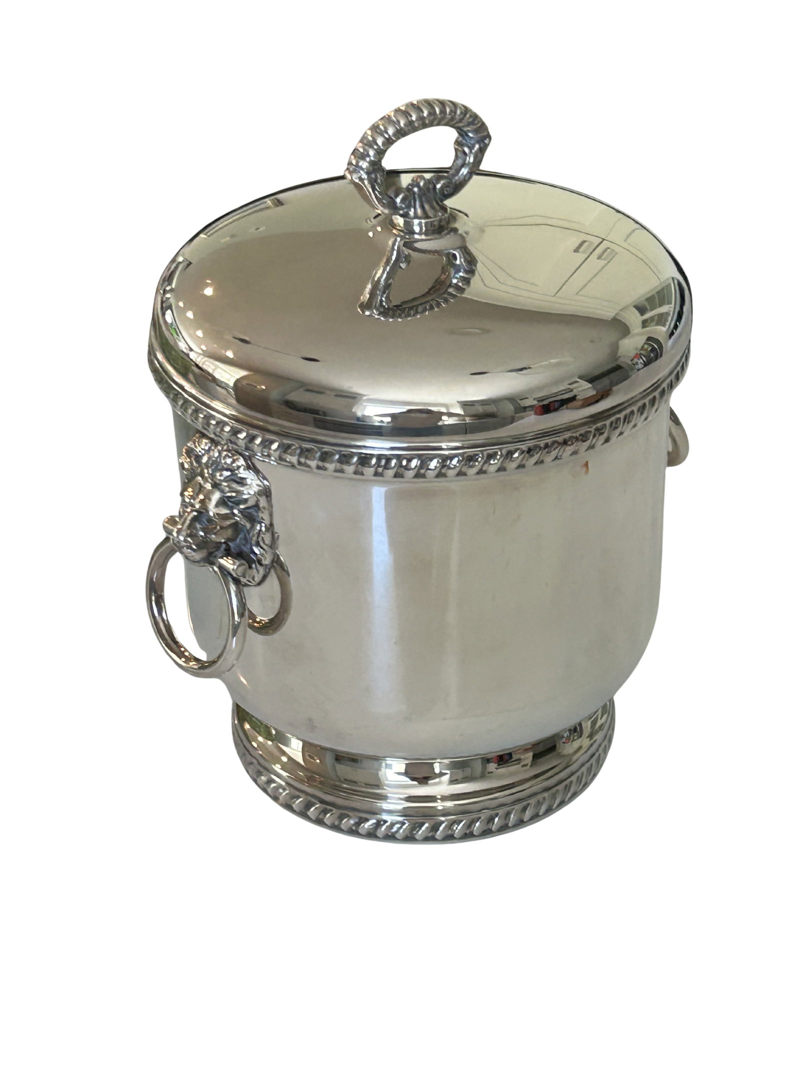 Vintage the Sheffield Silver Co. Silver-Plated Ice Bucket With Lion Head Handles, Milk Glass Liner & - 11