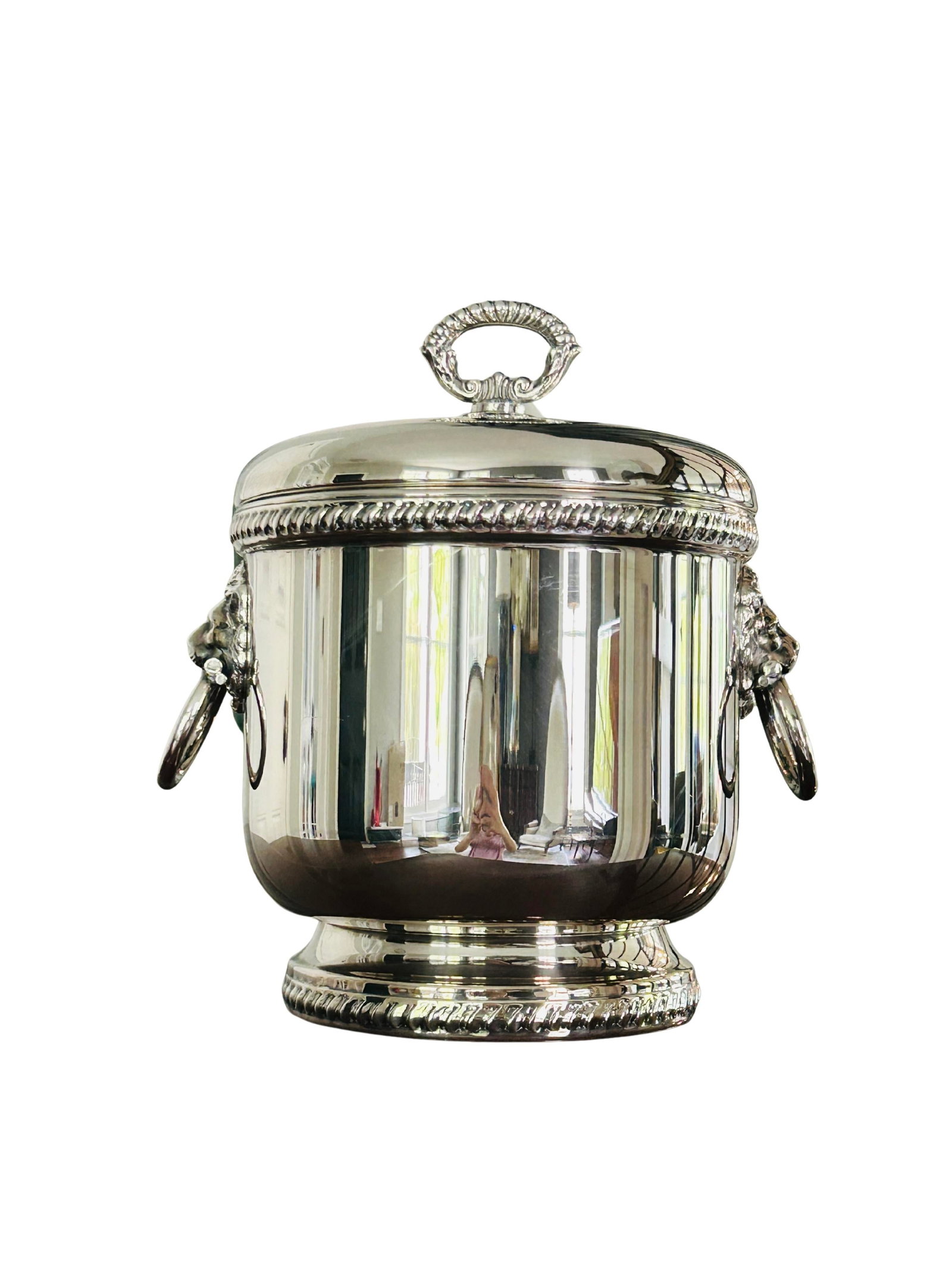 Vintage the Sheffield Silver Co. Silver-Plated Ice Bucket With Lion Head Handles, Milk Glass Liner & - 13
